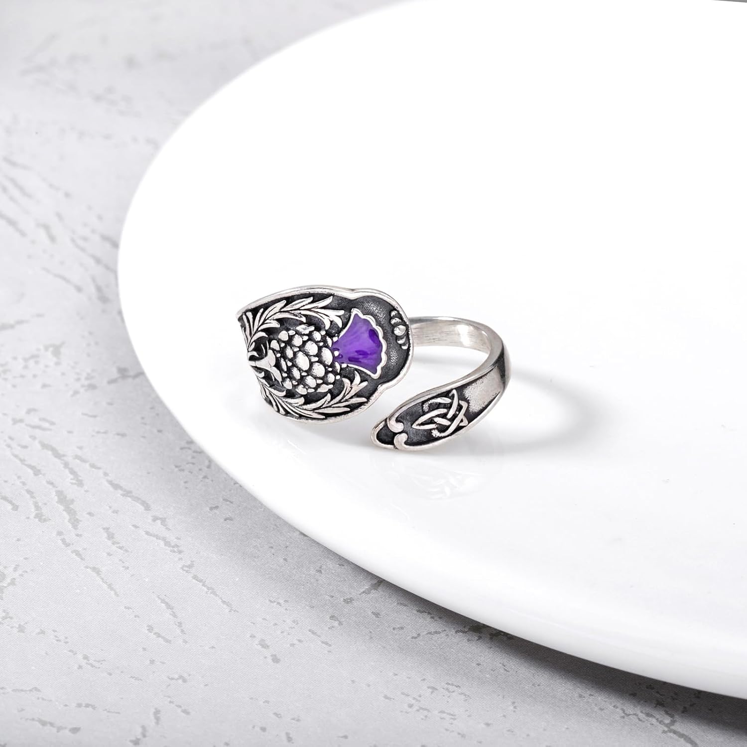 Scottish Thistle Spoon Ring for Women - 925 Sterling Silver Vintage Scottish Celtic Knot Ring Antique Spoon Thumb Statement Wrap Ring Thistle Jewelry Gift Adjustable