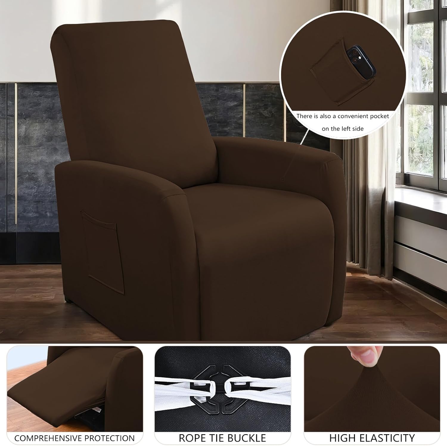 Waterproof Small Recliner Chair Covers, 4 Piece Stretch Recliner Slipcovers for Small Recliner, Elastic Lazyboy Covers with Storage Pocket, Machine Washable Sofa Protector (Dark Brown)
