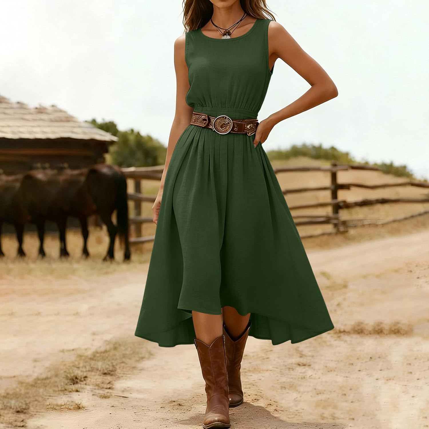 Linen Midi Dress for Women Round Neck Sleeveless Elastic Waist Dress Vintage Western Country Dresses