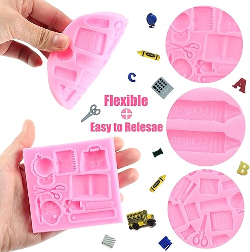 Miniatura 2 de ZiXiang Moldes de silicona para el regreso a clases, fondant, dulces, autobús escolar, libro de tijera, bolígrafo de dibujo, molde de crayón para