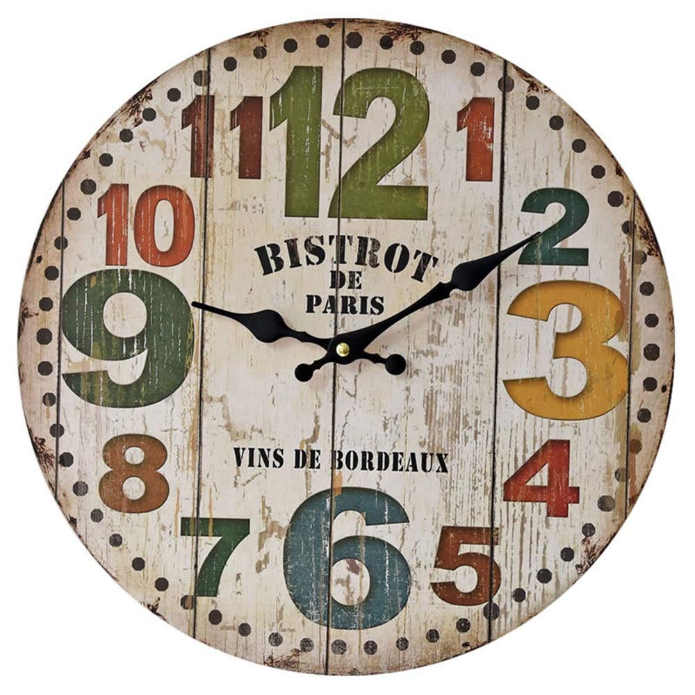 FLL Precious Wall Clock Vintage Silent Design Round Wooden Wall Clock Vintage Arabic Numerals Rustic Shabby Chic Style Brown Round Multi Wooden Poles Wall Decor Wall Clock (No Battery) Home Deco