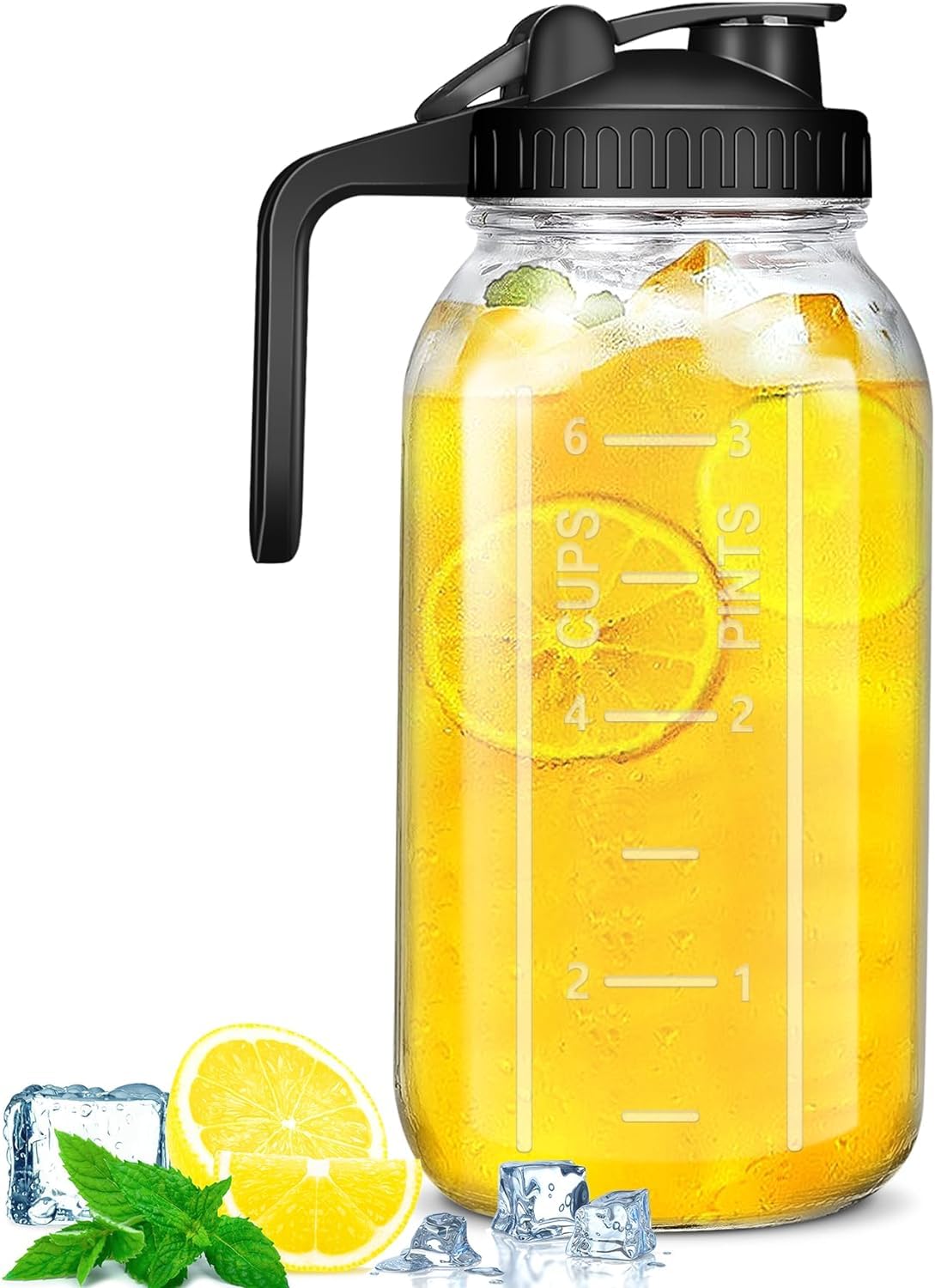 MEETOZ 64 oz Mason Jar Pour Spout, 2 Quart Glass Water Pitcher with Wide Mouth Airtight Lid for Ice Tea Cold Brew Coffee