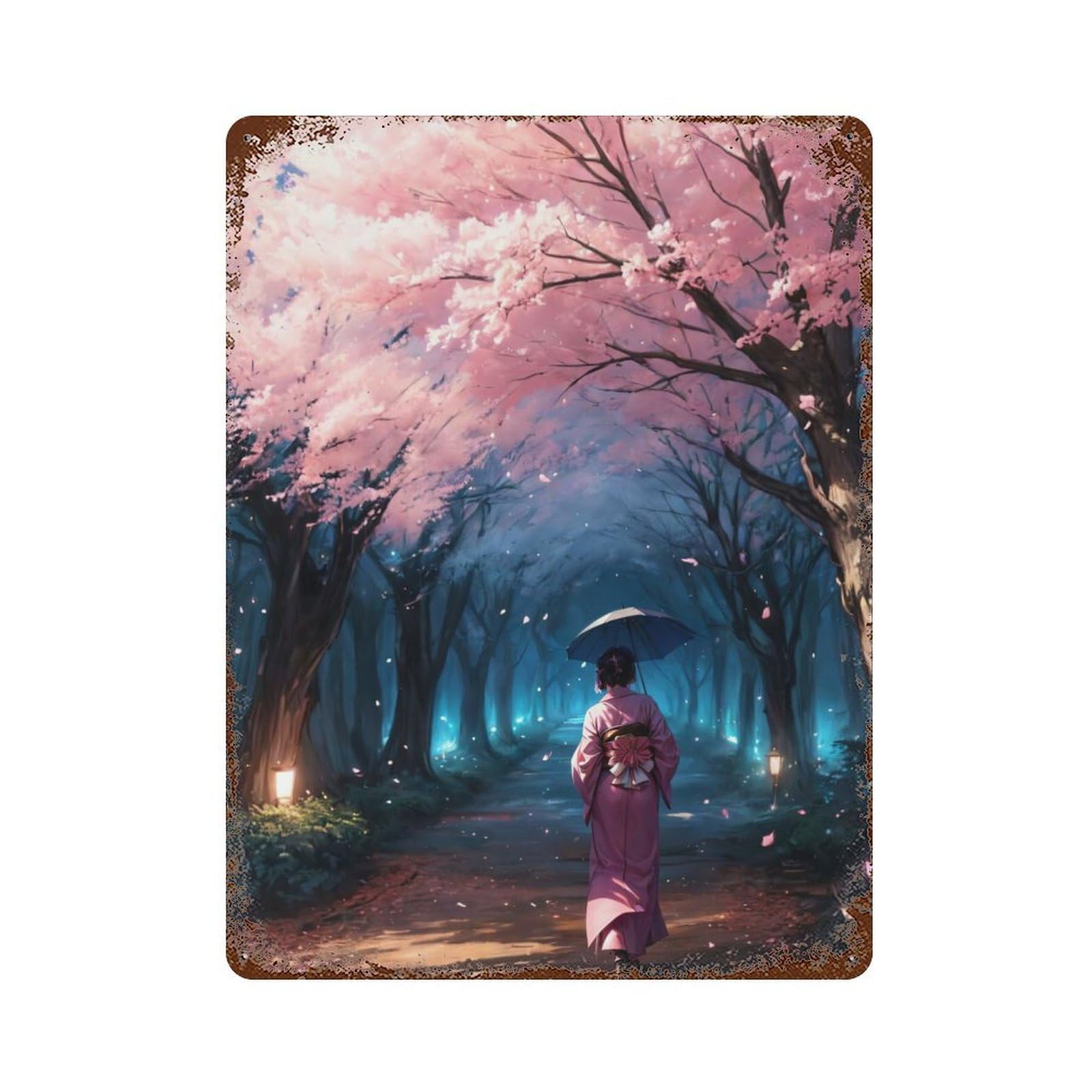 Cherry Blossom Japan Art Rusty Metal Tin Sign 15.7"x11.8", Ideal for Pub, Kitchen And Man Cave Decor