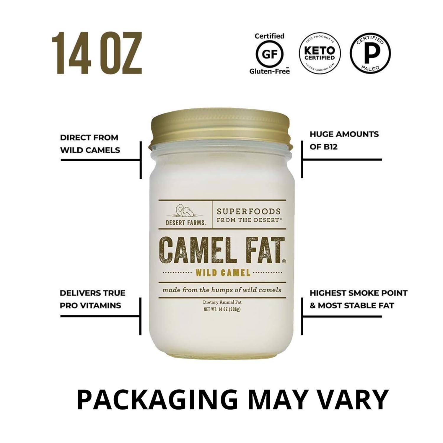 Desert Farms - Real Organic Cooking Camel Hump Fat - Halal, Paleo and Keto Certified - Quickly Melting Use For Fry [High Smoke Point] - 31 Fatty Acids & Gluten-Free - Made In The USA [14 oz]
