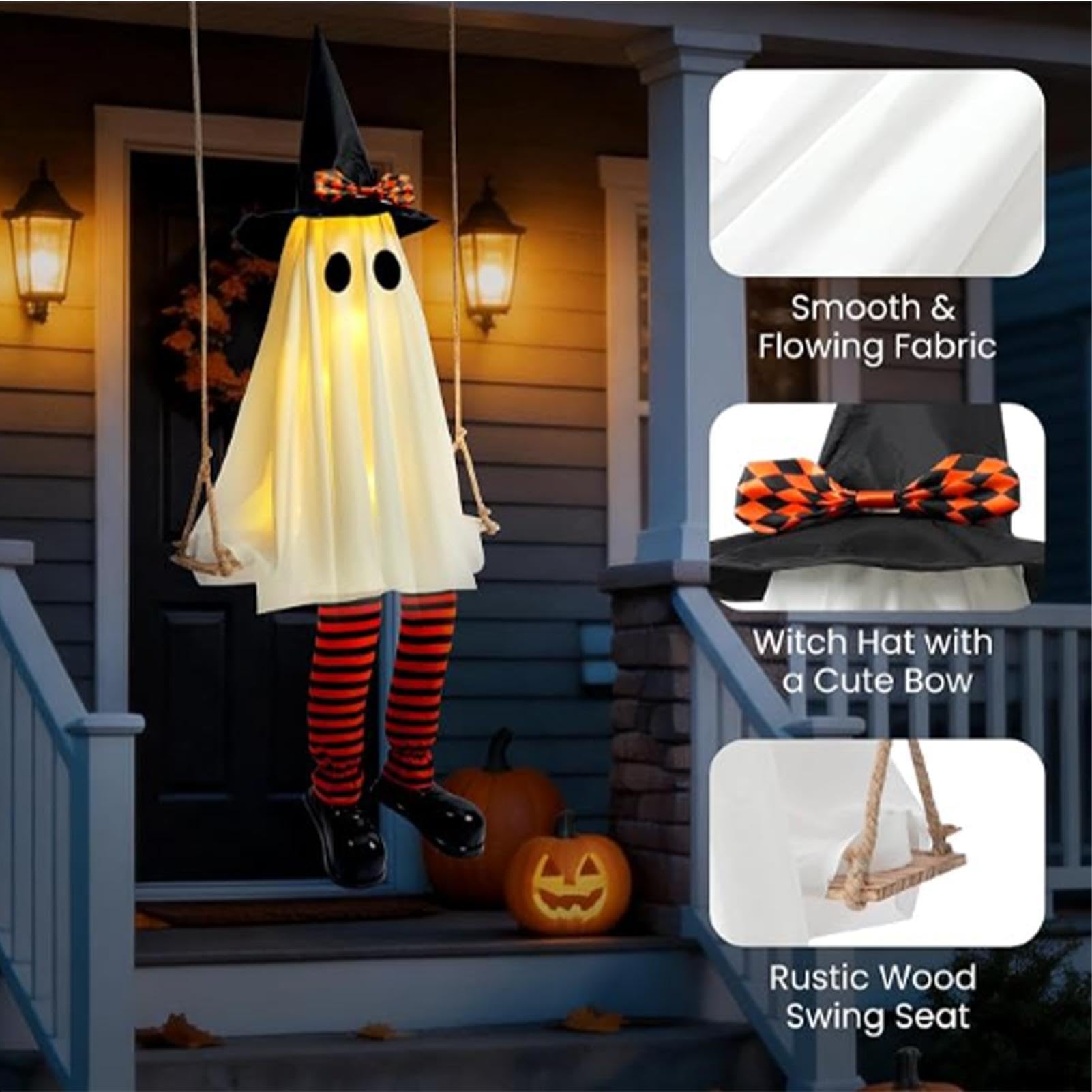 Halloweenowy duch 1,8 m gotycka dekoracja zewnętrzna z lampkami w kapeluszu