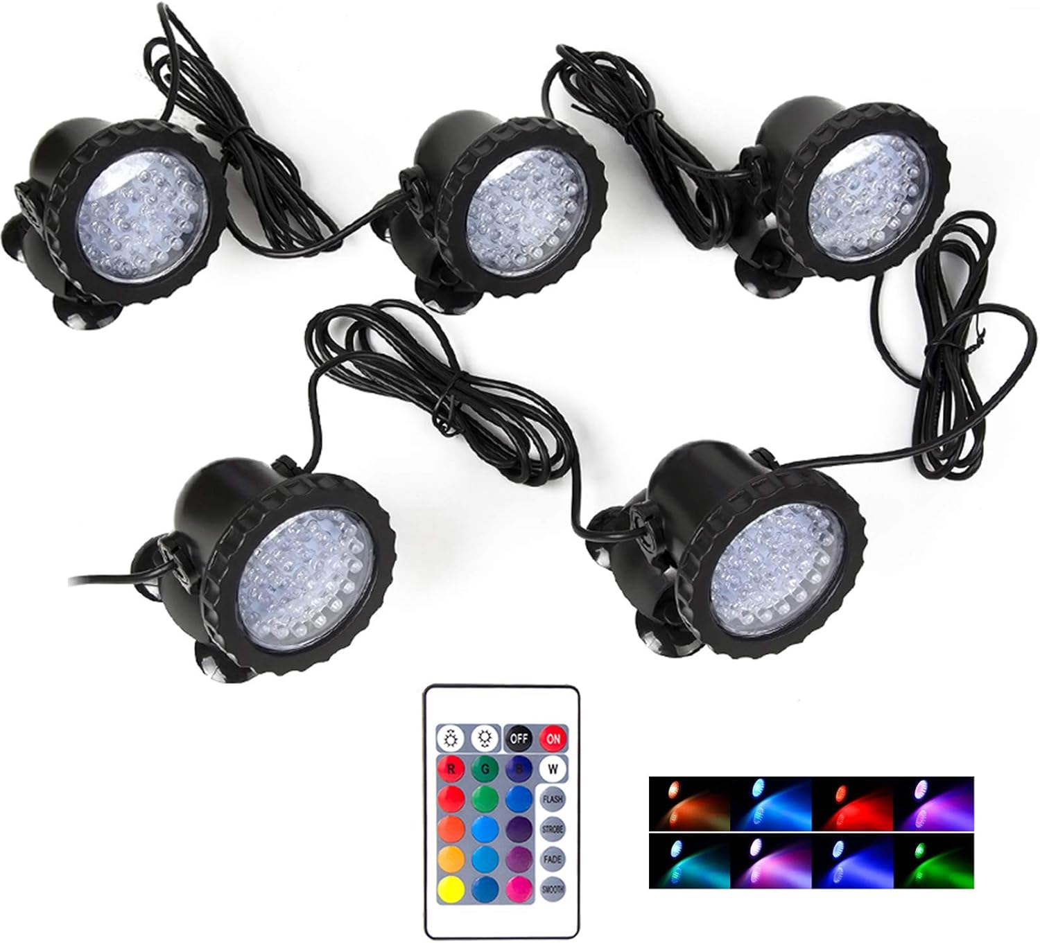 SHOYO Pond Lights, Color Changing Spotlights with Timer, Submersible Fountain Lights Memory Dim Adjustable IP68 Waterproof Underwater RGB for Outdoor Garden Yard Lawn Water Pond Fountain, 4 in Set