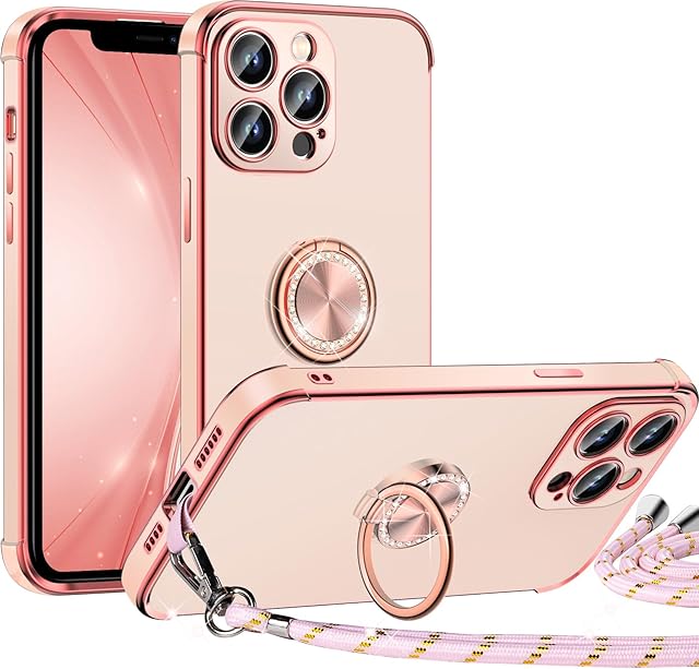 Miss Arts for iPhone 13 Pro Max Case with Ring Holder stand, [Silverback] Electroplated Luxury Phone Case with Lanyard Women Girls, Soft Protective Shockproof Cover for iPhone 13 Pro Max 6.7", Pink