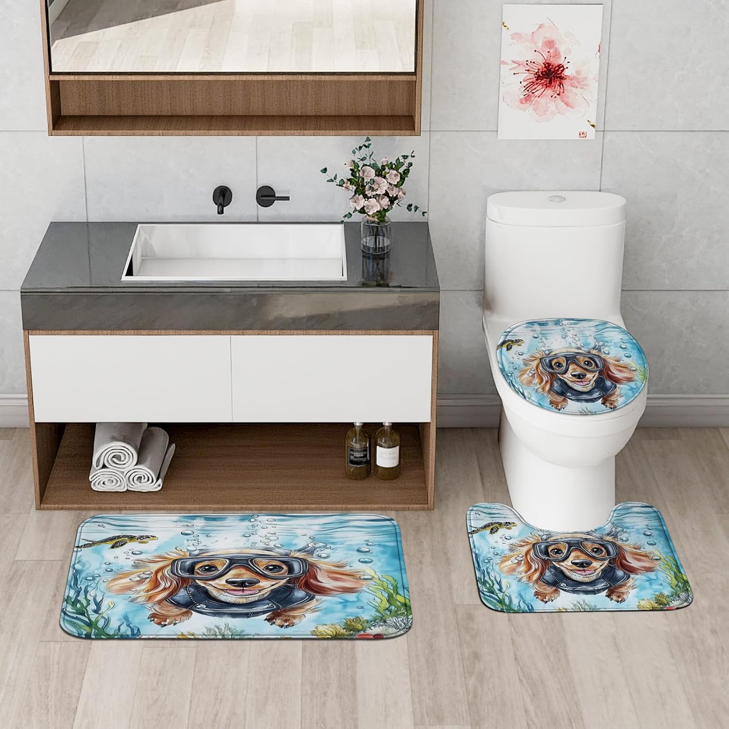 4PCS Spring Dachshund Dog Bathroom Accessory Sets with Non-Slip Rug, U Shape and Toilet Lid Cover Mat, Fun Puppy Kids Ocean Cartoon Bathroom Decorative-72''x72''