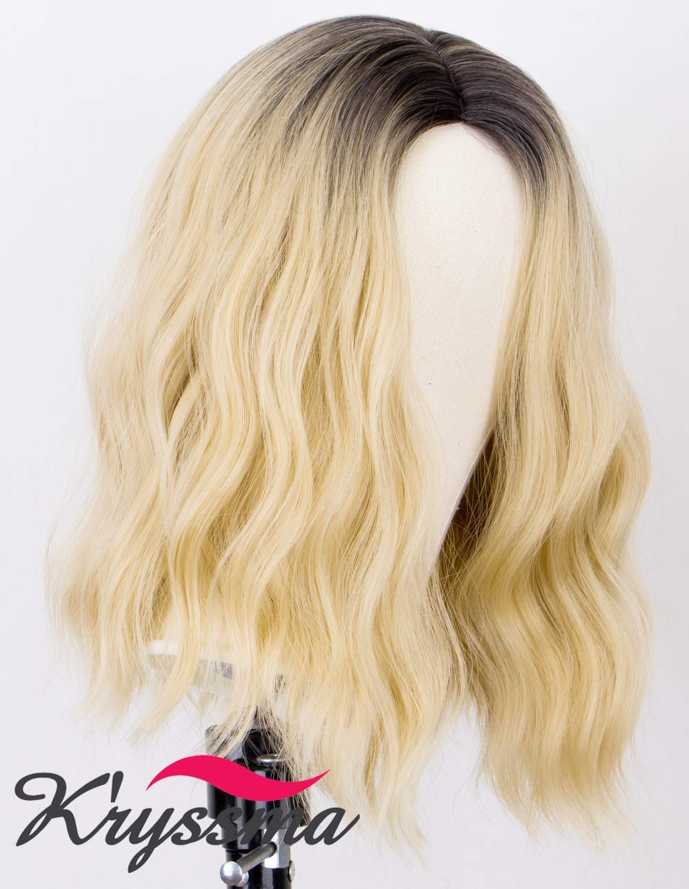 K'ryssma Ombre Bob Wig Blonde Dark Root 2 Tone Short Bob Wig Wavy Glueless Heat Resistant Hair Synthetic Wigs for Women