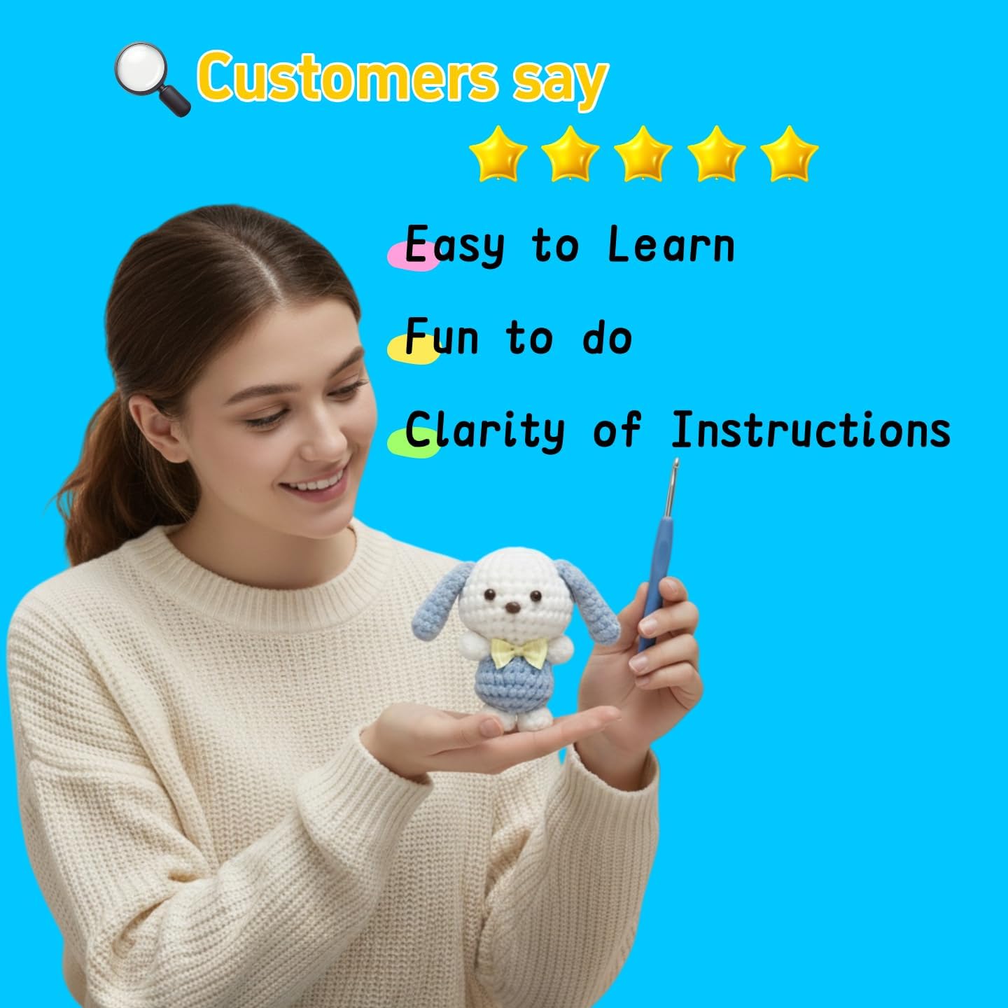 BUNUKY Crochet Kit for Beginners, Amigurumi Puppy Crochet Starter Kit with Step-by-Step Video Tutorials, Complete DIY Craft Kit Gift for Adults & Teens