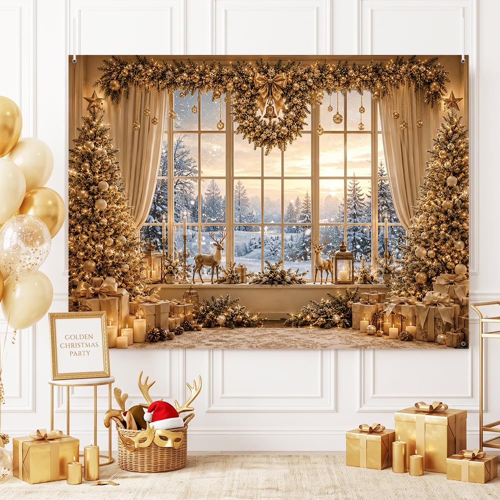 MEHOFOND Telón de fondo dorado para ventana de árbol de Navidad, 3 x 2,1 m