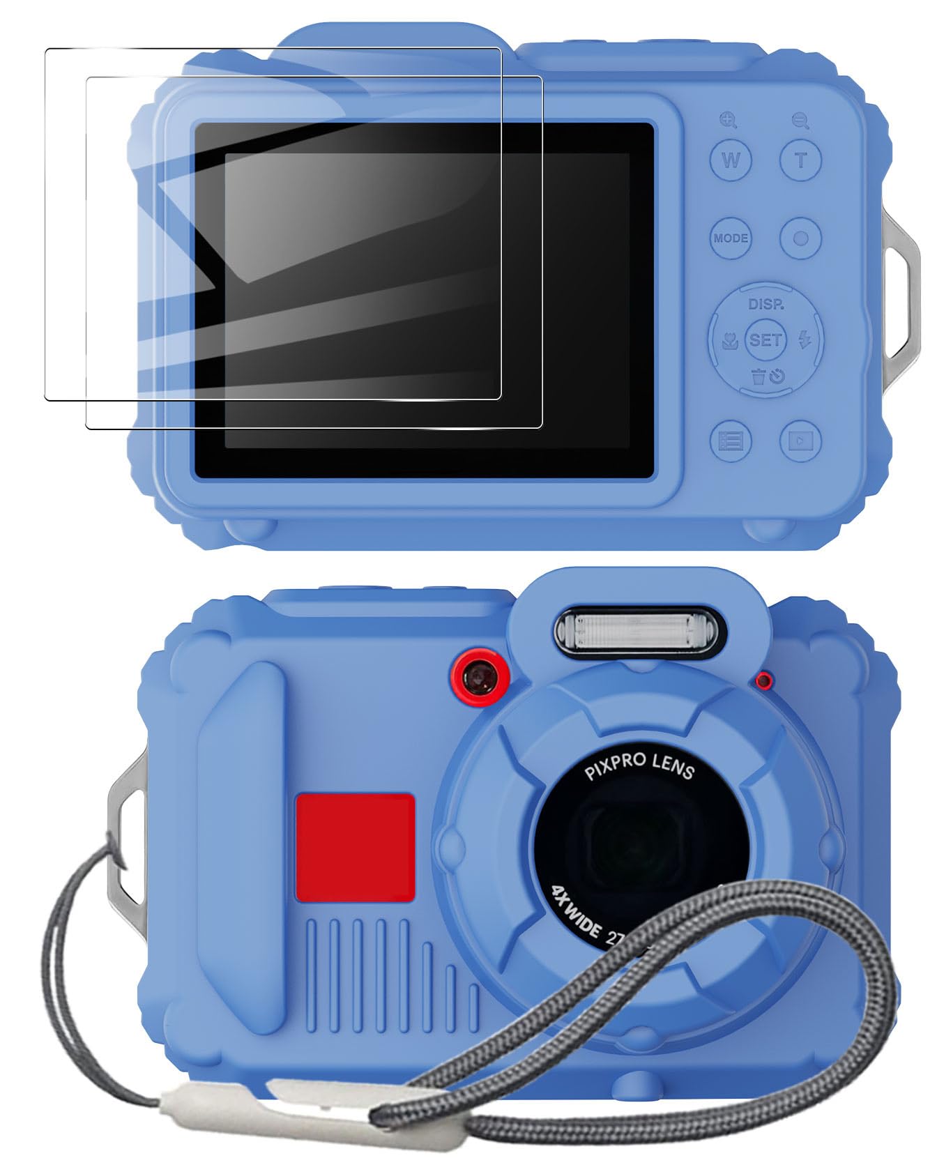 Custodia in silicone per fotocamera digitale pixpro wpz2 con protezione dello schermo 2PCS e cordino - blu