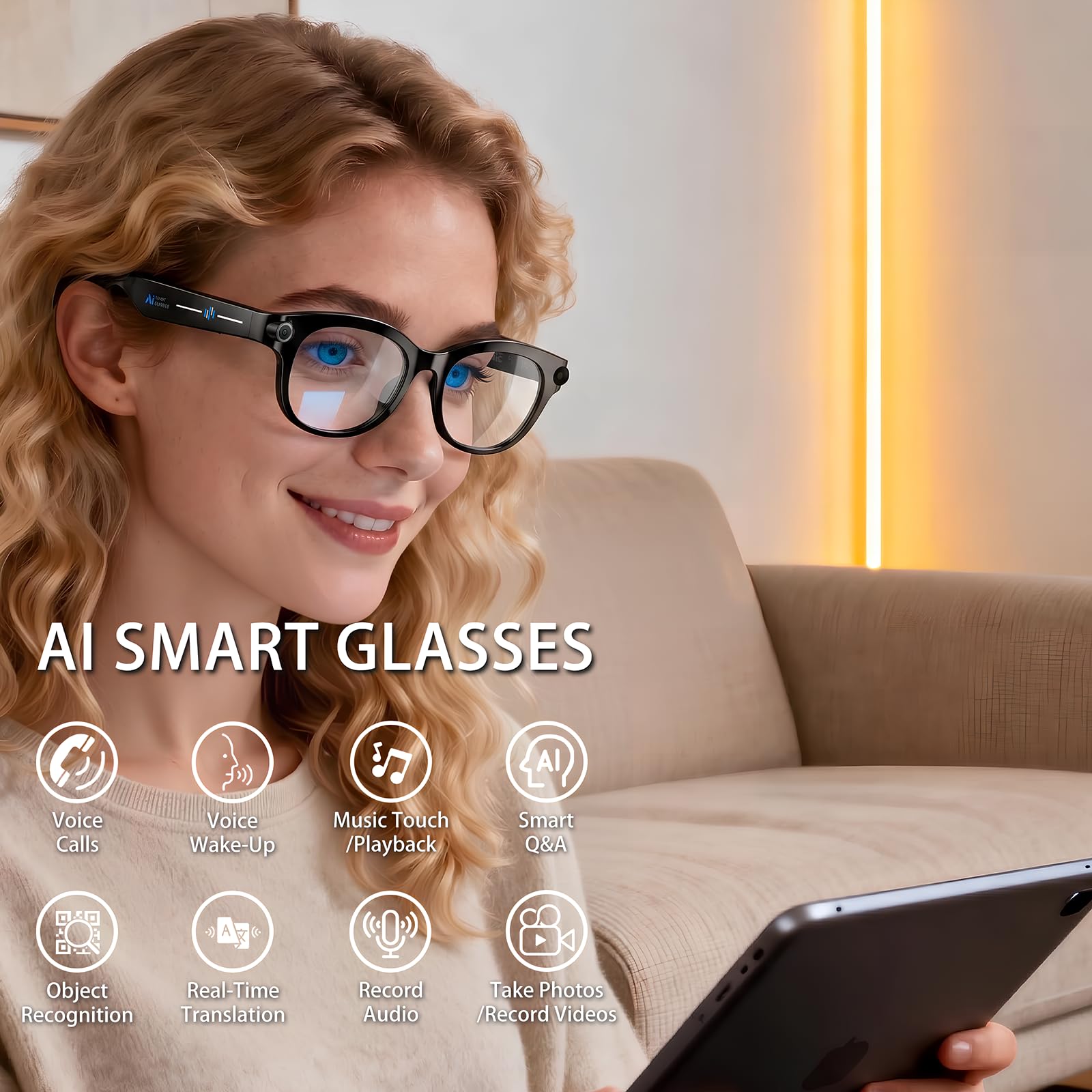 Occhiali Intelligenti con Telecamera 8 MP, Occhiali Smart 3 Lenti Colorate | Registrazione Foto/Video/Audio, Traduzione in Tempo Reale, Assistente Vocale e Riconoscimento Degli Oggetti
