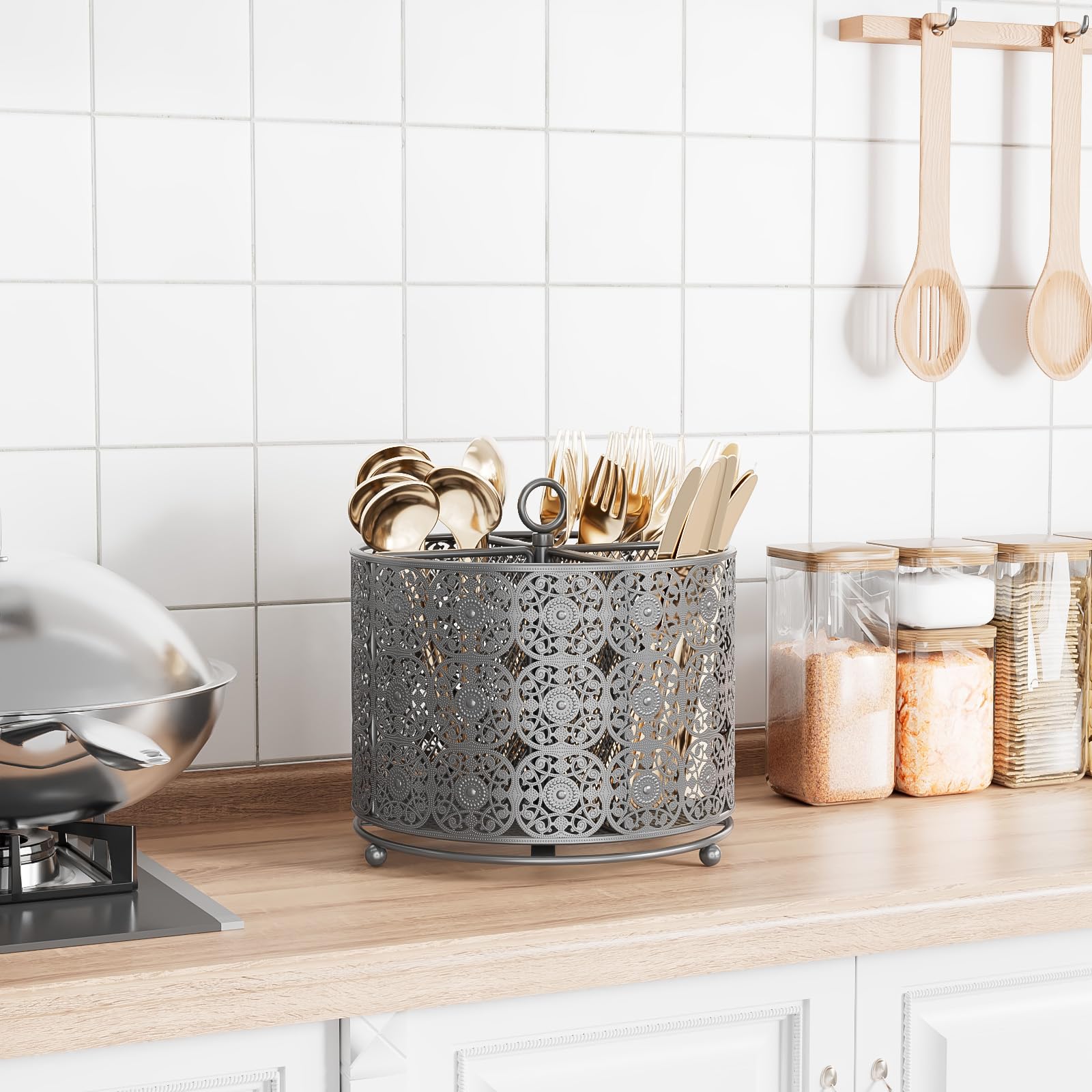 Amazon｜YIUKEA 回転キッチンキャディカウンタートップ - 高めのカトラリーキャディホルダー - 金属食器キャディオーガナイザー  4つのコンパートメント付き キッチンカウンターパーティー オフィス用 シルバー｜カトラリーケース オンライン通販