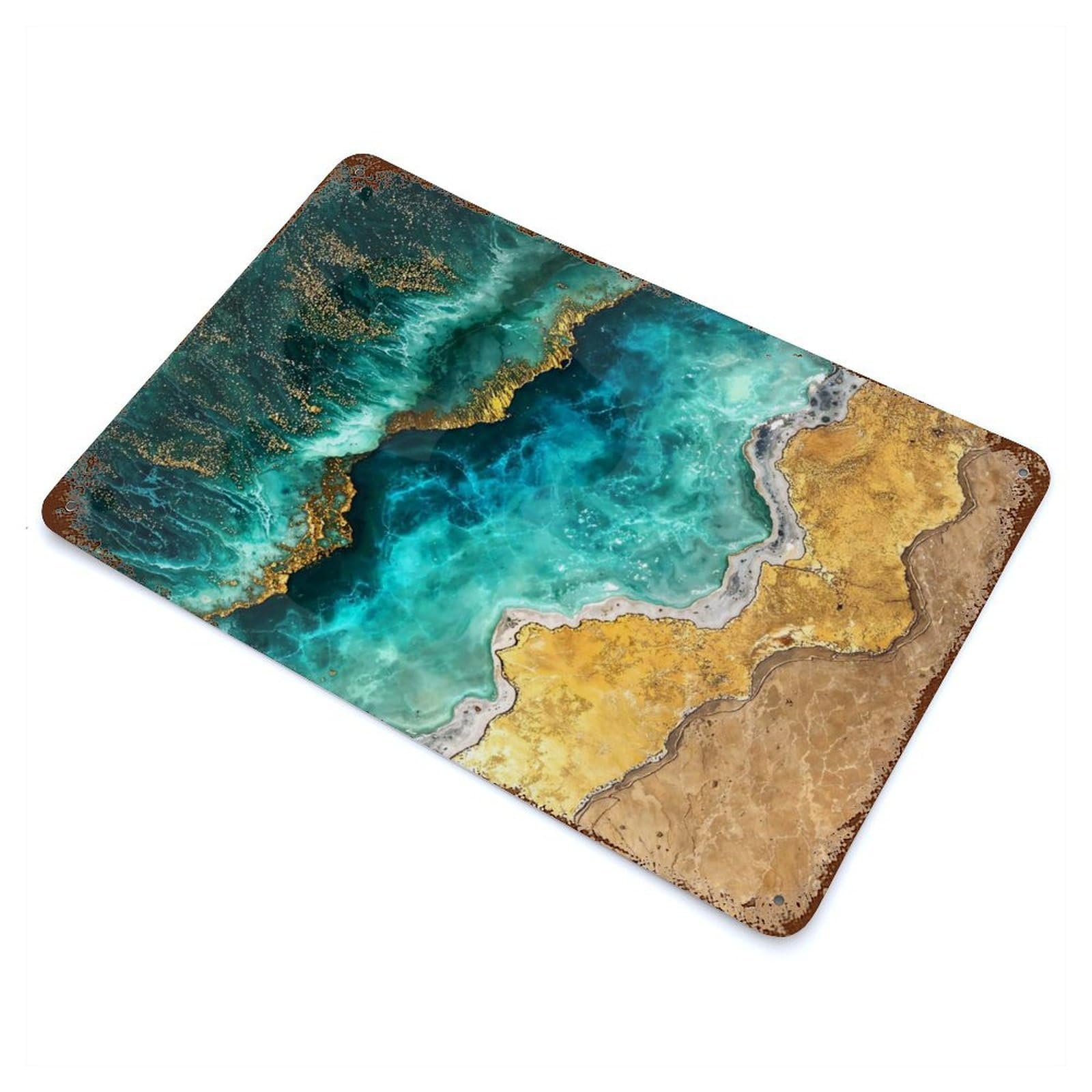 Garage Style Abstract Ocean Waves Kintsugi Art Aged Metal Wall Plaque 11.8"x7.9", Farmhouse Wall Decor for Bar And Workshop