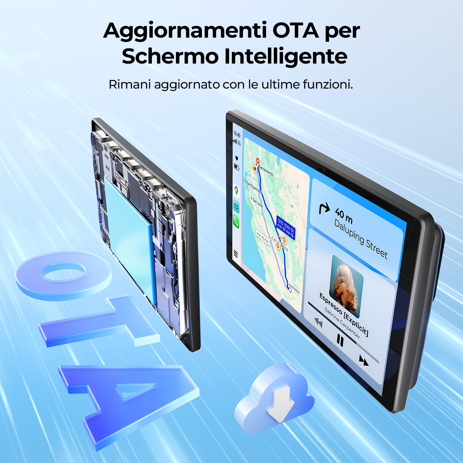 Schermo Portatile 8'' per Apple CarPlay e Android Auto, Display HD 1440x900, Supporto Magnetico, Aggiornamenti OTA, Telecamera di Retromarcia, Bluetooth, Controllo Vocale, Navigazione GPS