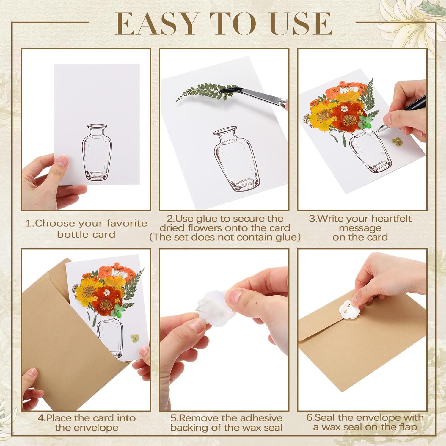 Dunzoom 30 Set DIY Wedding Greeting Cards with Envelopes Wedding Thank You Dried Flowers Pressed Flower Cards Handmade Card Set with Wax Seal 150 Pcs Dried Flowers Notes Gifts for Women Birthday