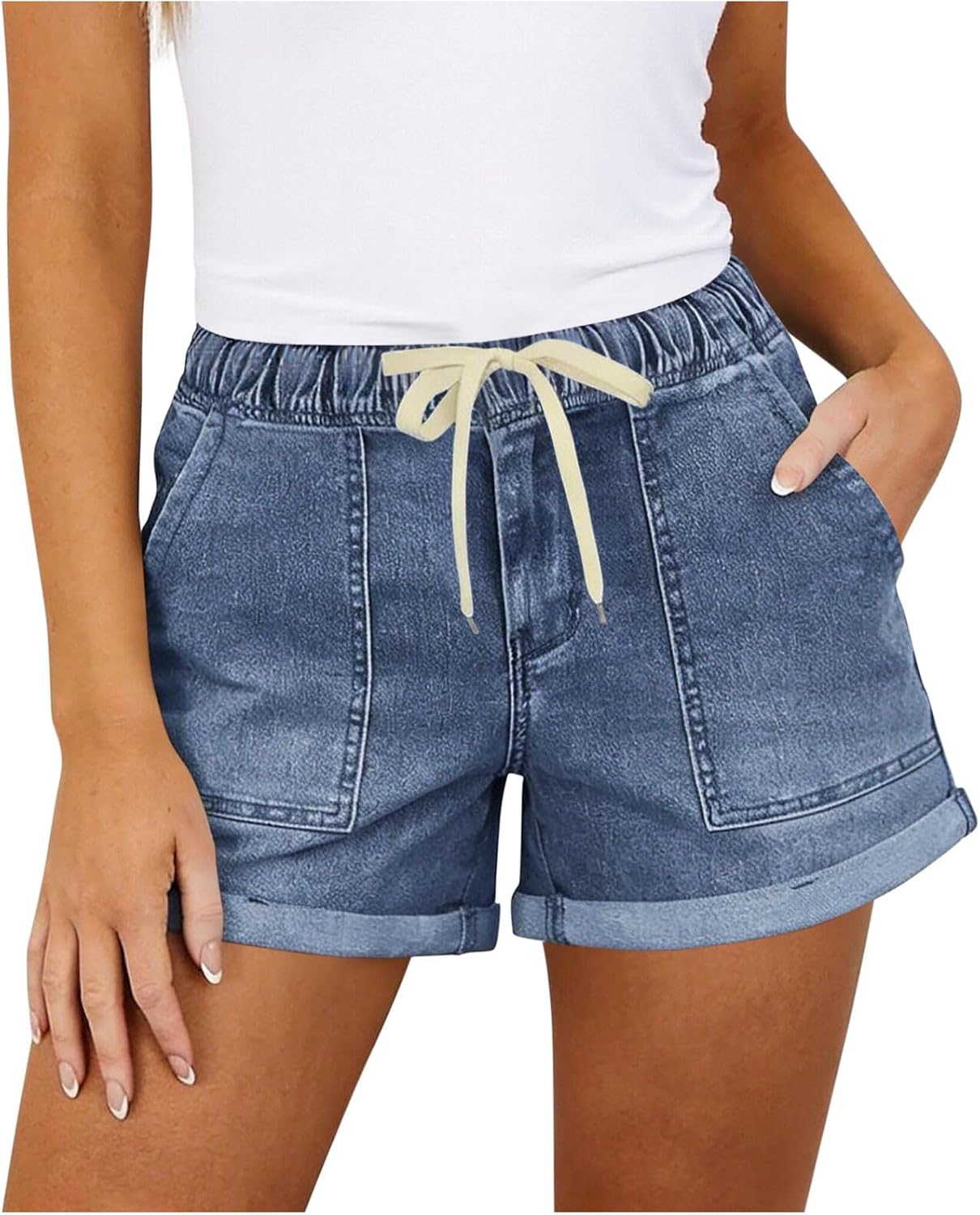 Women's High Waisted Stretchy Wide Leg Denim Shorts Casual Summer Cuffed Drawstring Loose Fit Basic Jean Shorts
