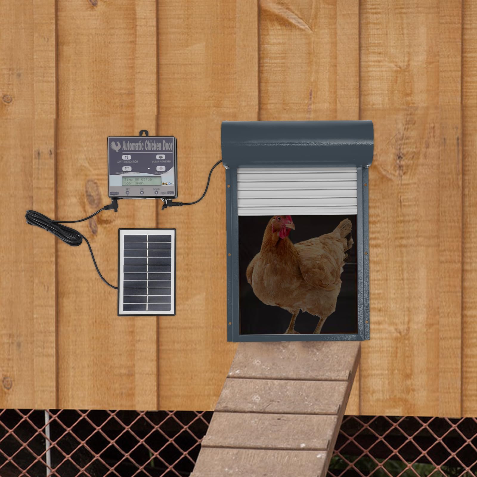 Automatische Hühnerklappe, Hühnerklappe Solar mit Fernbedienung Timer LCD Display, Wasserdicht Hühnerklappe Hühnerstall Zubehör für Hühner, Gänse, Enten (Grau)
