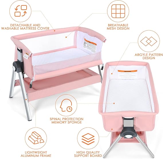 INFANS Baby Bassinet Bedside Crib, Newborn Sleeper w/Large Storage Basket, Adjustable Heights, Detachable &Washable Mattress, Breathable Mesh, Straps, Easy Moving Bed Side (Pink)