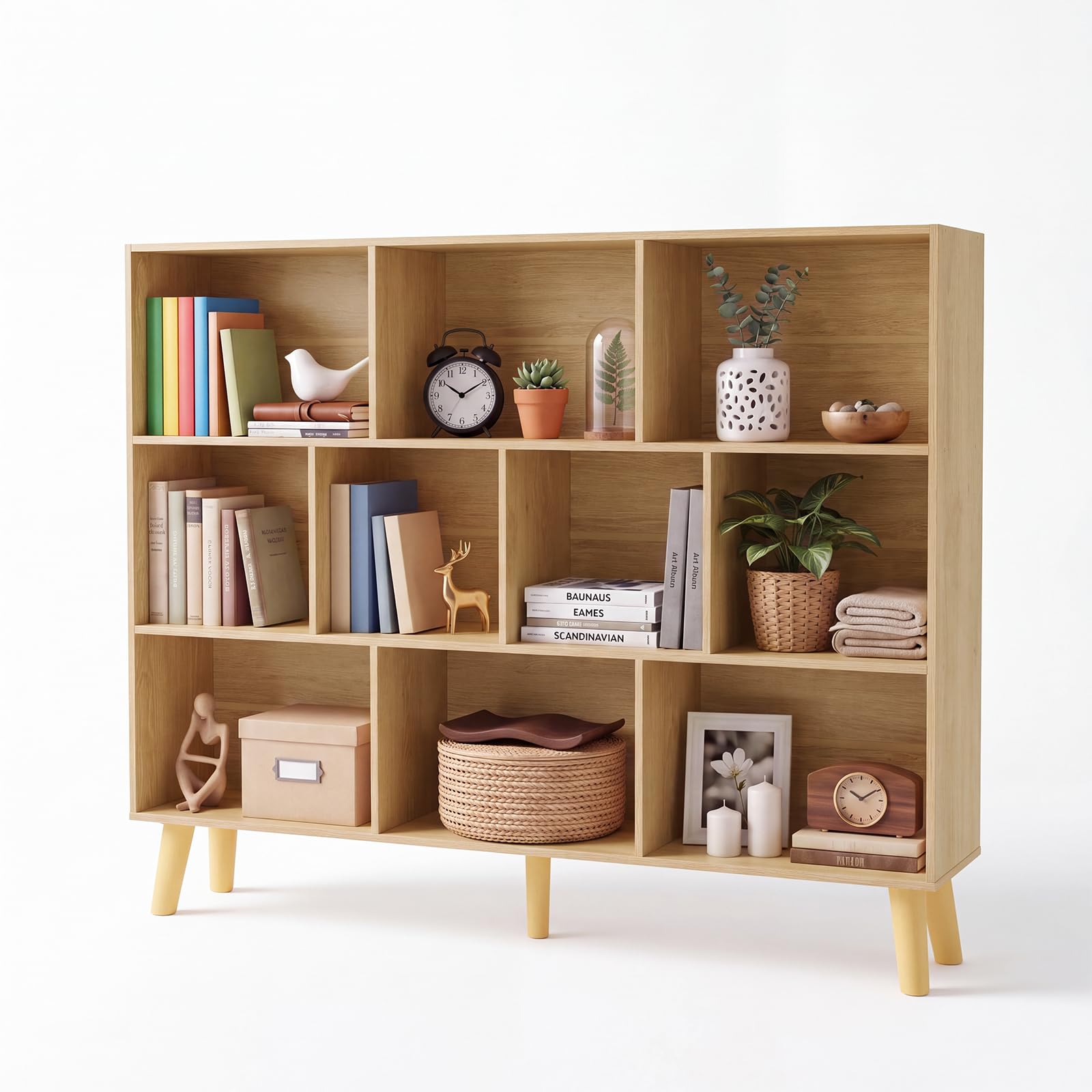 YAHARBO 10 Cube Large Bookshelf,3 Tier Bookcase with Legs,Natural Mid-Century Modern Bookshelves,Wide Free Standing Open Storage Organizer Shelf,Tall Wooden Book Case Furniture for Living Room,Office