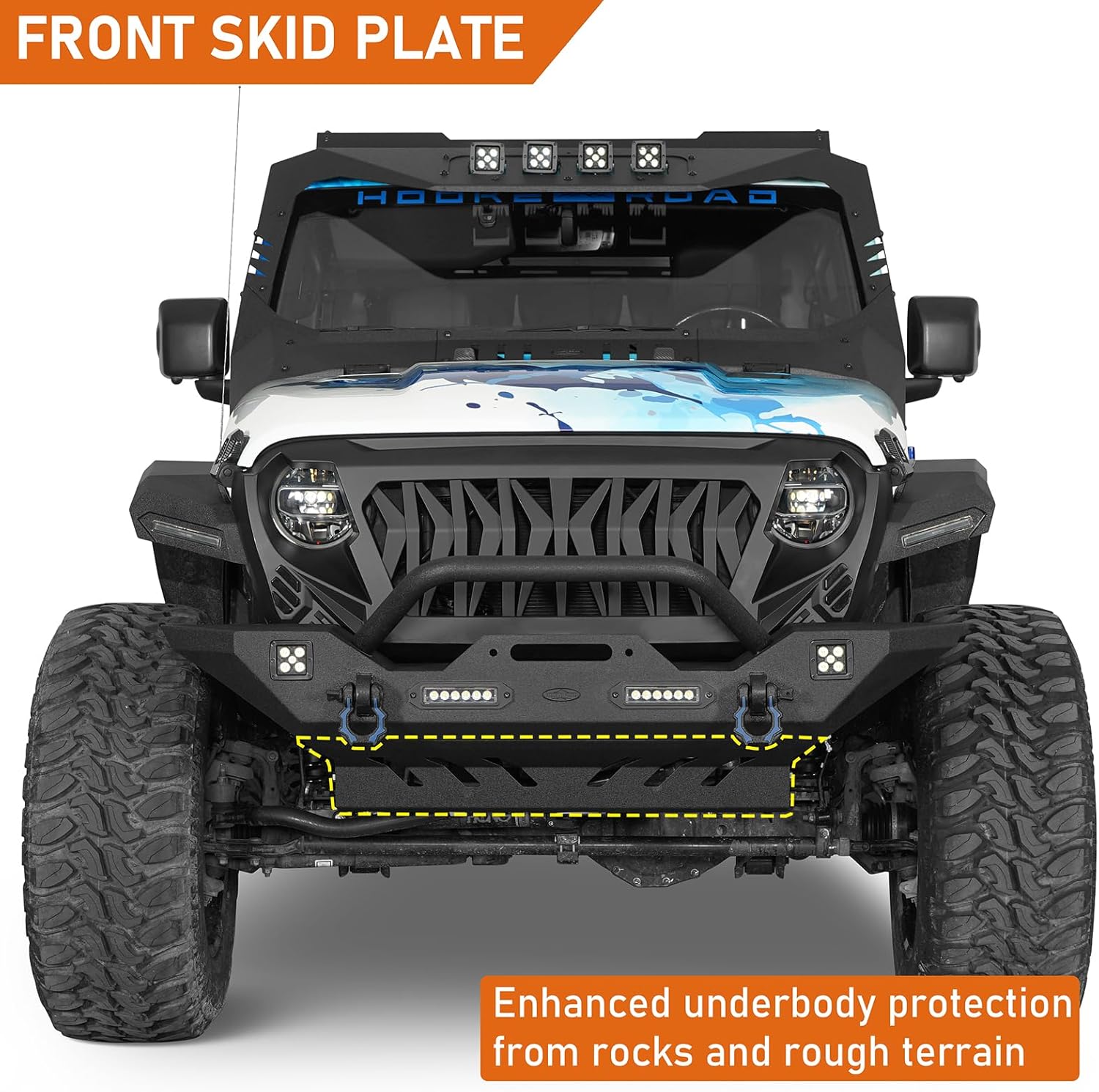 Hooke Road Steel Front Skid Plate for 2018-2026 Jeep Wrangler JL & Gladiator JT, Offroad Bumper Lower Guard Engine Protector Only Work with Hooke Road Different Trail Front Bumper
