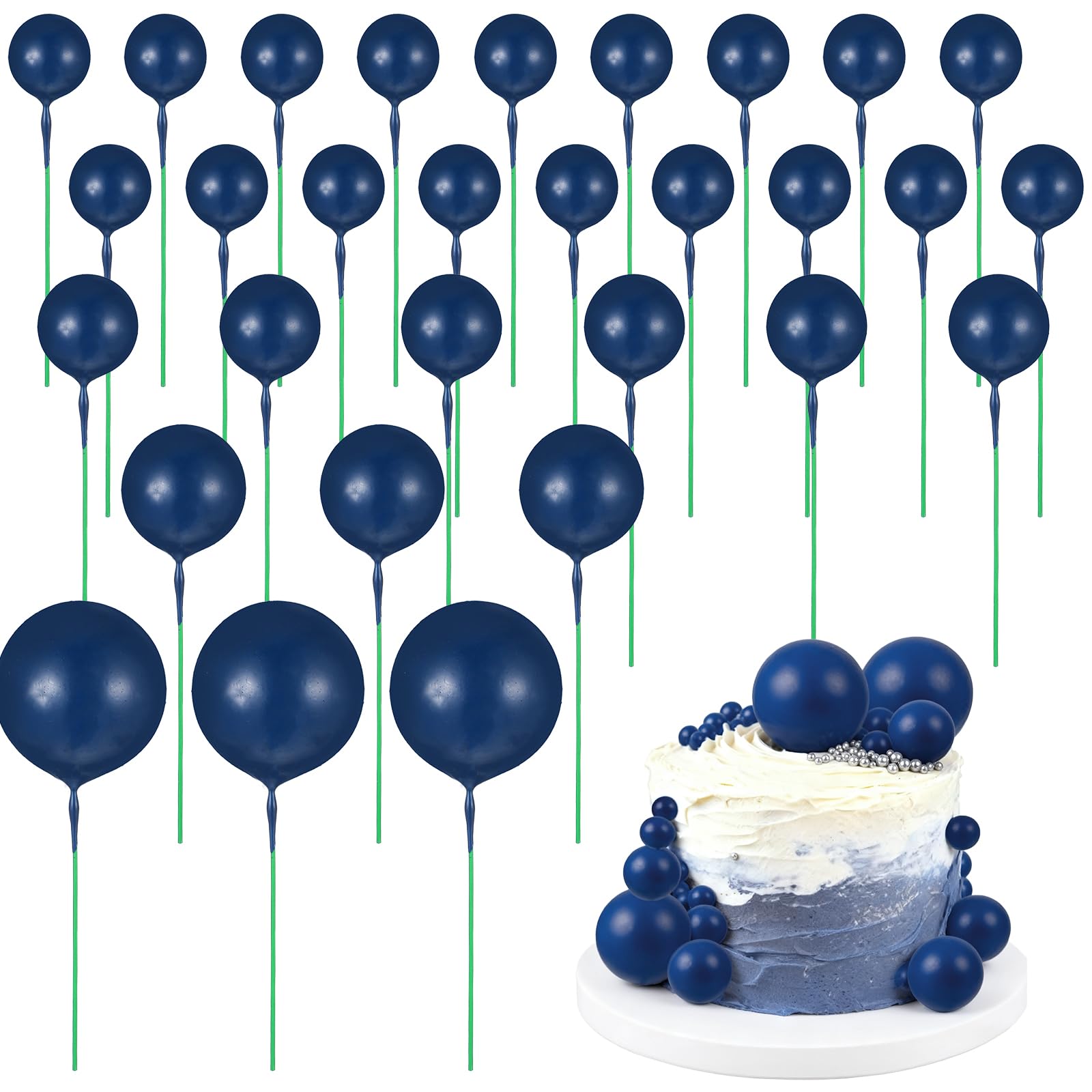 30Pcs Navy Blue Cake Balls Decorations - Ball Cake Toppers For Wedding Baby Shower Birthday Party Foam Ball Shaped Cakes Picks