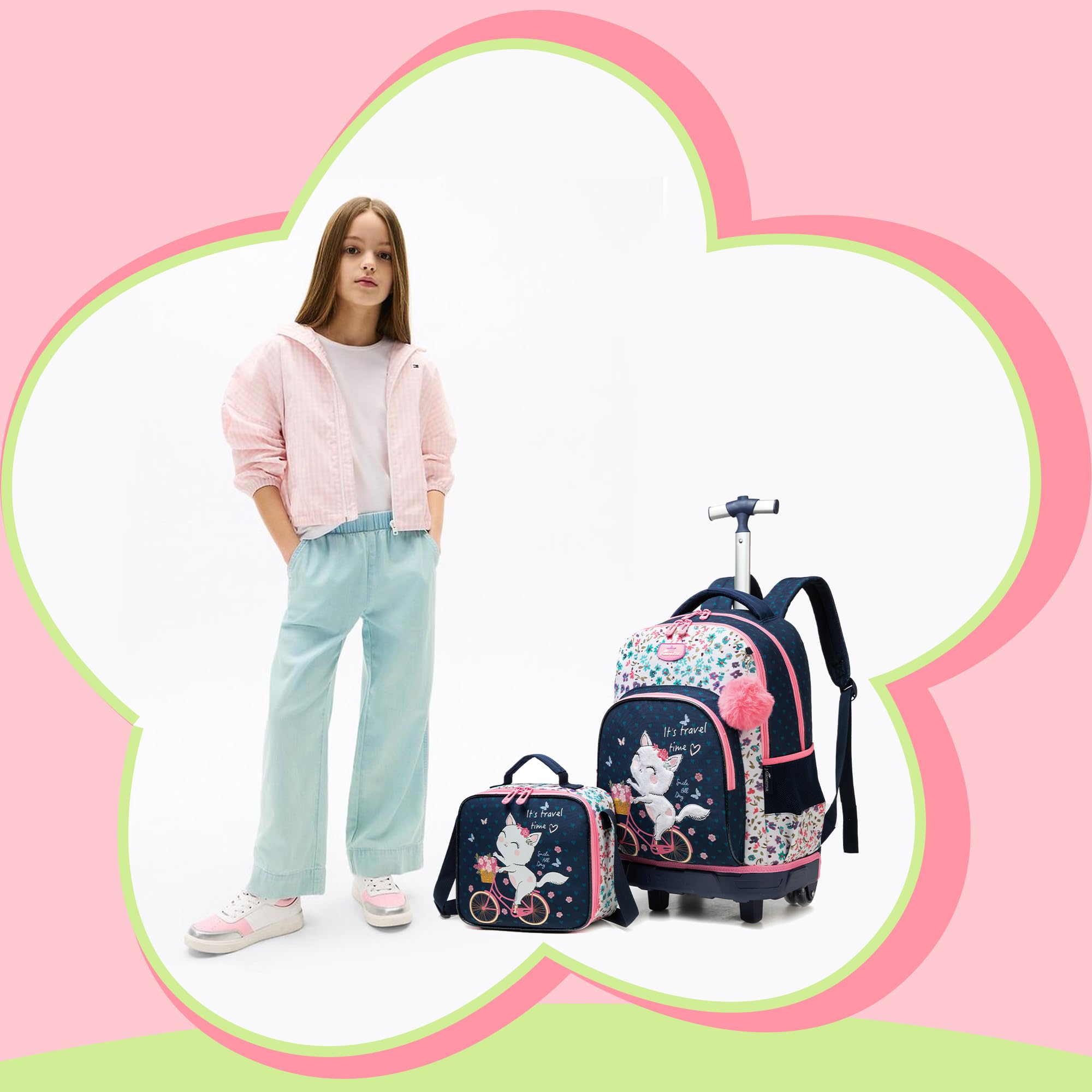 HTgroce Kinder Trolley Rucksack Schulranzen mit Rollen Mädchen schultrolleys Schulrucksack Kinderkoffer Rolling Backpack for Girls