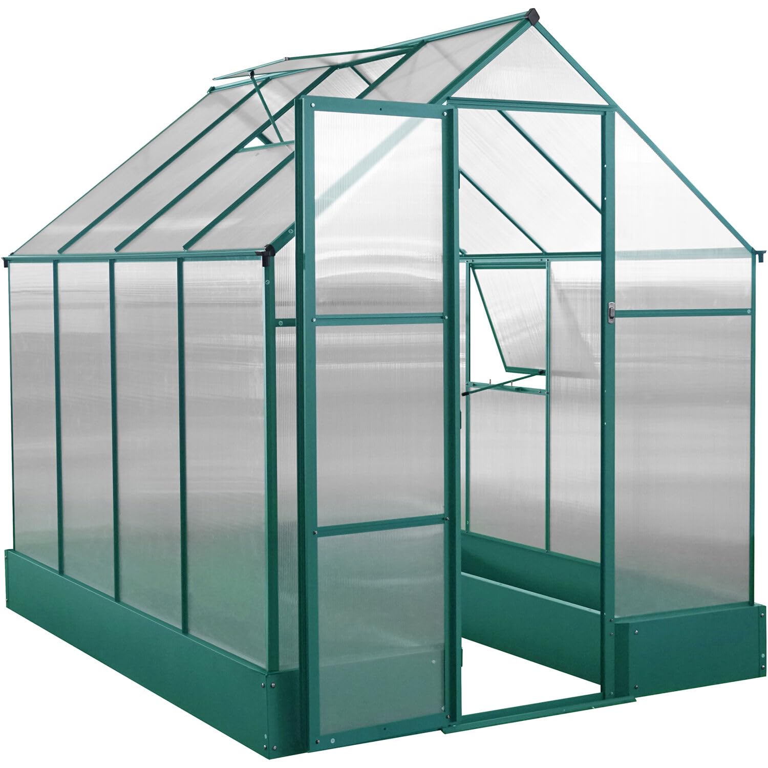 Hanover 8-Ft. x 6-Ft. Polycarbonate Walk-In Greenhouse with Planter Beds, Galvanized Steel Base, Aluminum Frame, Window and Roof Vent, Weather Resistant Flower House for Backyard or Garden