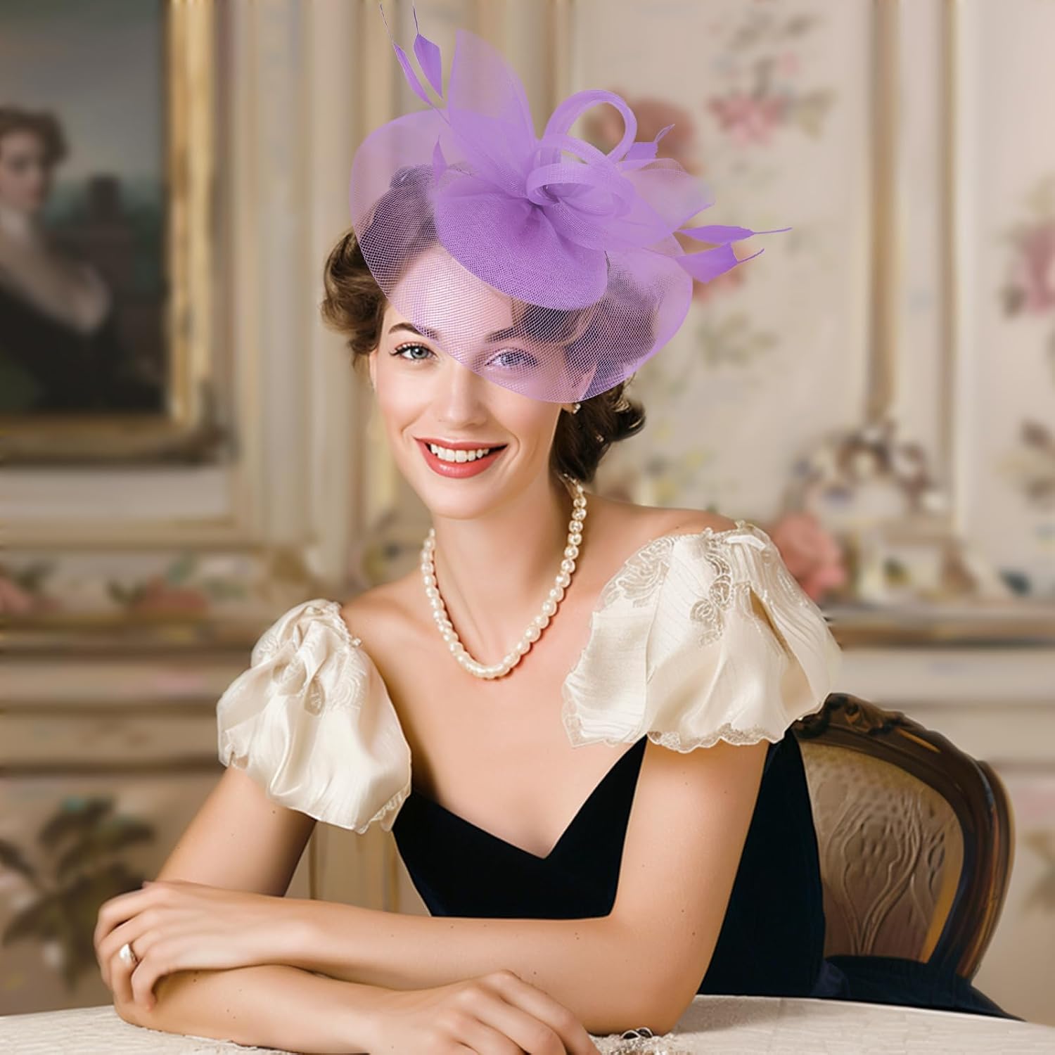 Fascinator Hats for Women Tea Party Hats and Gloves Pearl Jewelry Set Derby Hat for Cocktail Wedding - Image 5