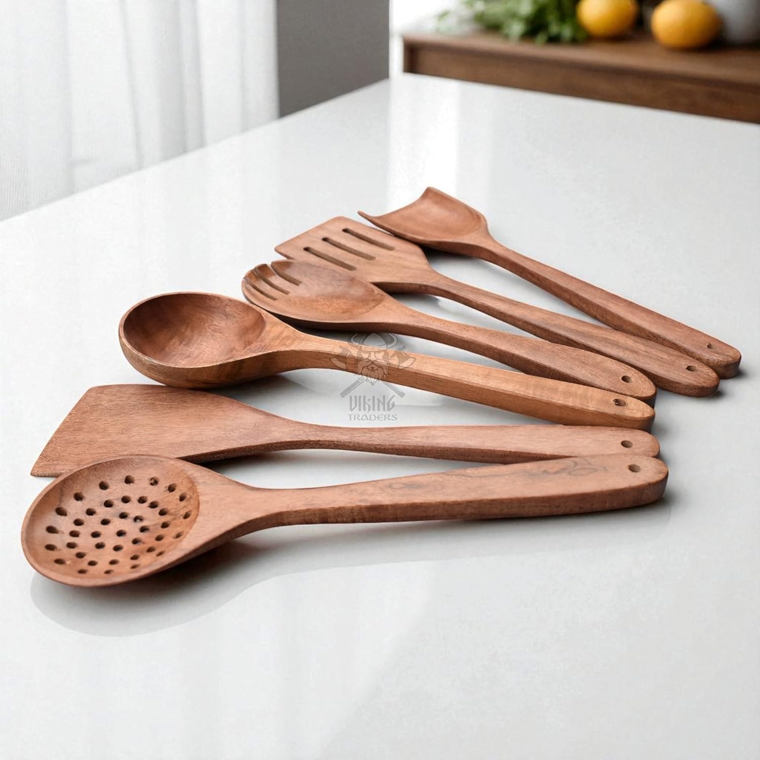 Viking Traders 6-Piece Teak Wood Cooking Utensil Set – Premium Wooden Spoons & Spatulas, Heat-Resistant, Eco-Friendly, Non-Stick Safe, Ergonomic Handles, Kitchen Essentials Gift
