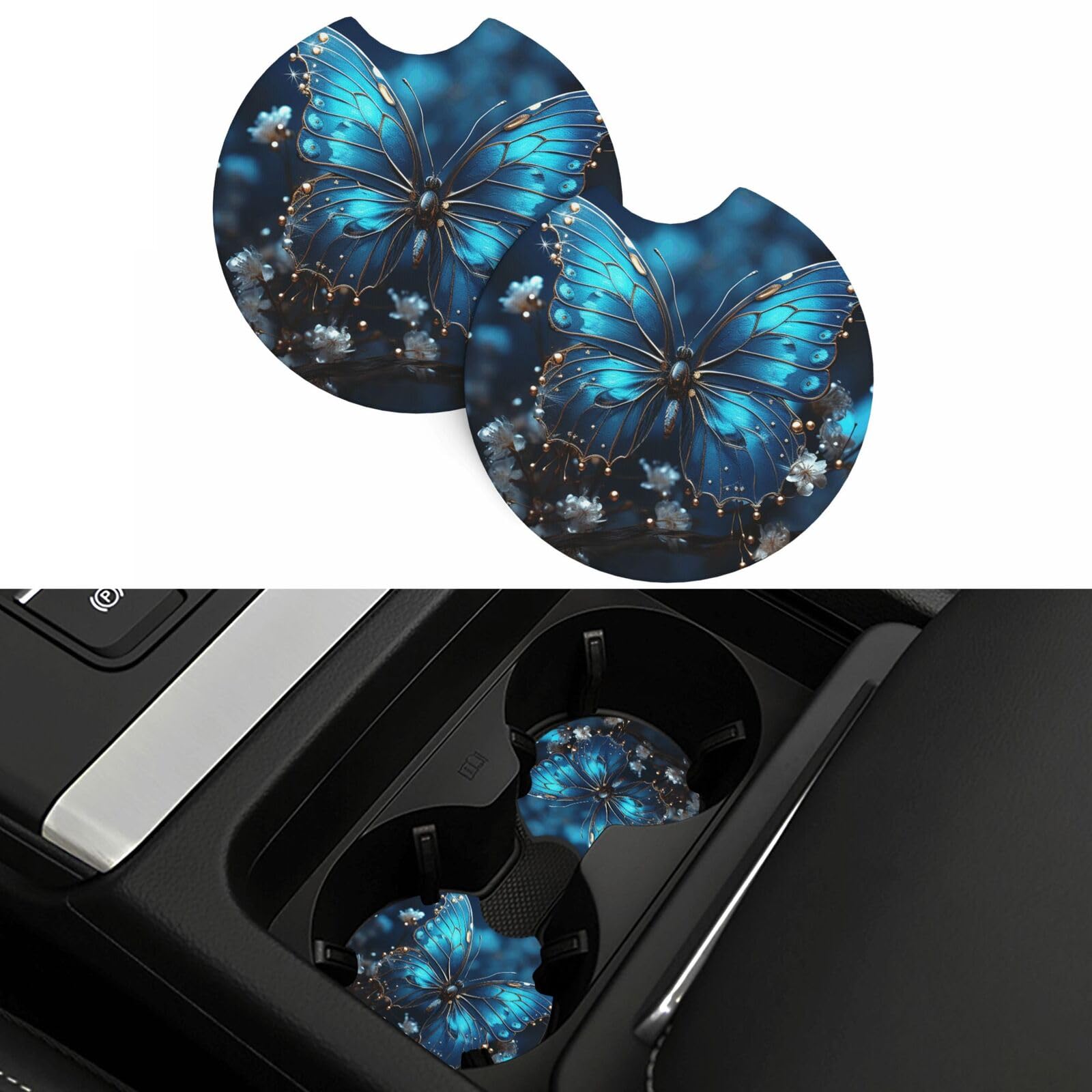 Blue Butterfly and Moon Car Coasters 2 Pcs, Universal Non-Slip Rubber Car Cup Holder for Cup Holders, 2.75 Inch Neoprene Cup Pad Mat Coaster Car Interior Accessories for Women Men