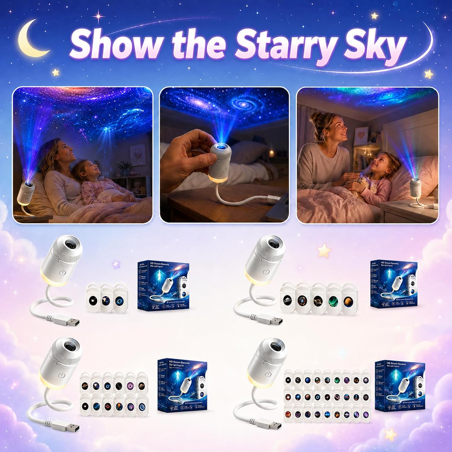 2026 Upgraded Galaxy Projector Night Light Star Projector Hd Smart Dynamic 5D Holographic with 24/12/6/3 Films, 2-in-1 360 Rotating, USB Powered for Bedroom Kids Room Decor，with 24 Films image 2