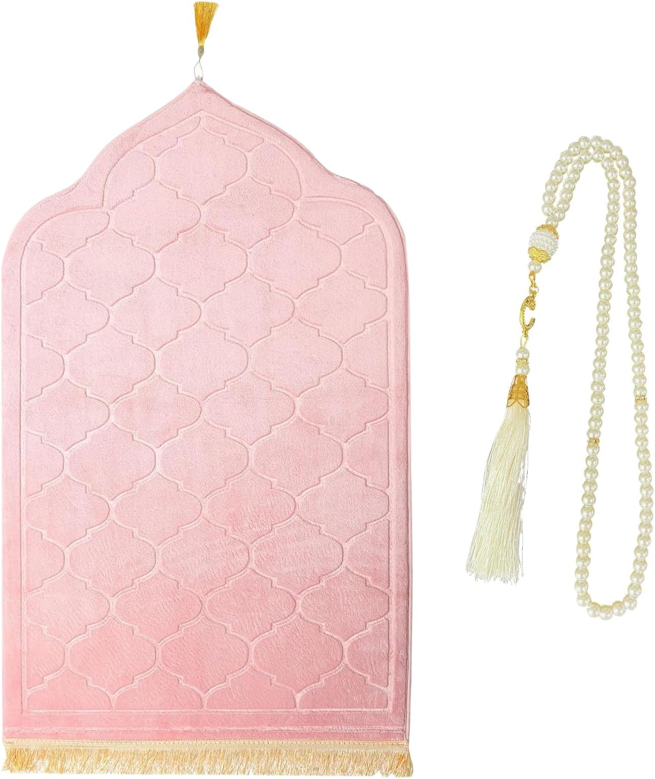 Muslim Prayer Rug Thick Prayer Mat Islamic Muslim Rug for Men Women with Beads for Eid Travel Ramadan (Pink)