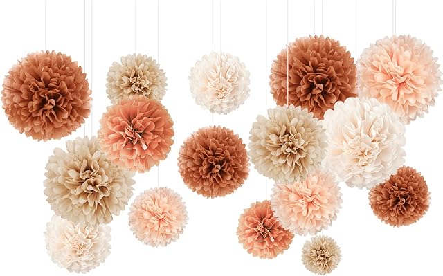 AOBKIAT Fall Party Wedding Decorations,16 PCS Burnt Orange Tissue Paper Pom Poms,for Thanksgiving,Vintage Baby Shower,Birthday Hanging Decor