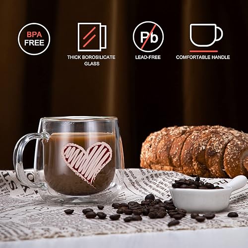 Miniatura 5 de CNGLASS Tazas de café de vidrio de doble pared de 10 onzas, tazas de café expreso con aislamiento transparente con patrón de corazón para café con