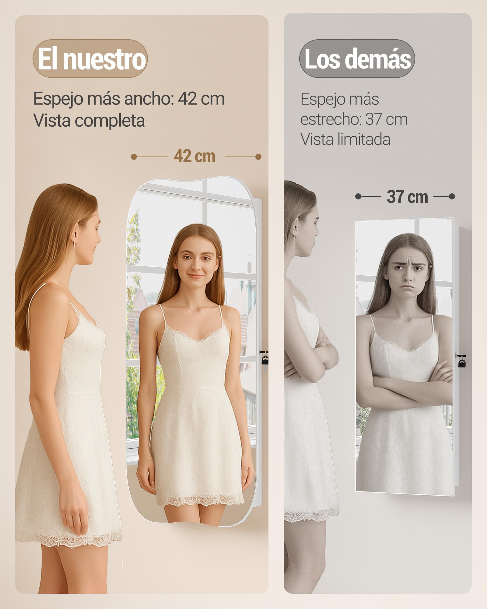 Hzuaneri Espejo Joyero de Pared Armario para Joyas e 6 LED, Blanco | Montar en Pared o Puerta, con Candado, Espejo Interior, para Pendiente Collar, para Dormitorios, Vestidores y Salón,JC36603BE