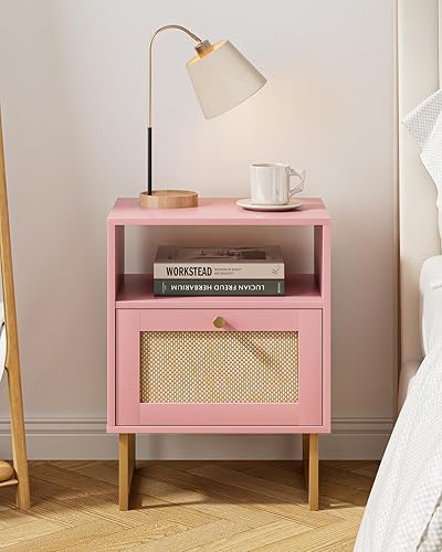 Miniatura 74 de Masupu Mesita de noche de ratán con estación de carga, moderna mesita de noche de madera bohemia con cajón de almacenamiento y estante abierto, mesa