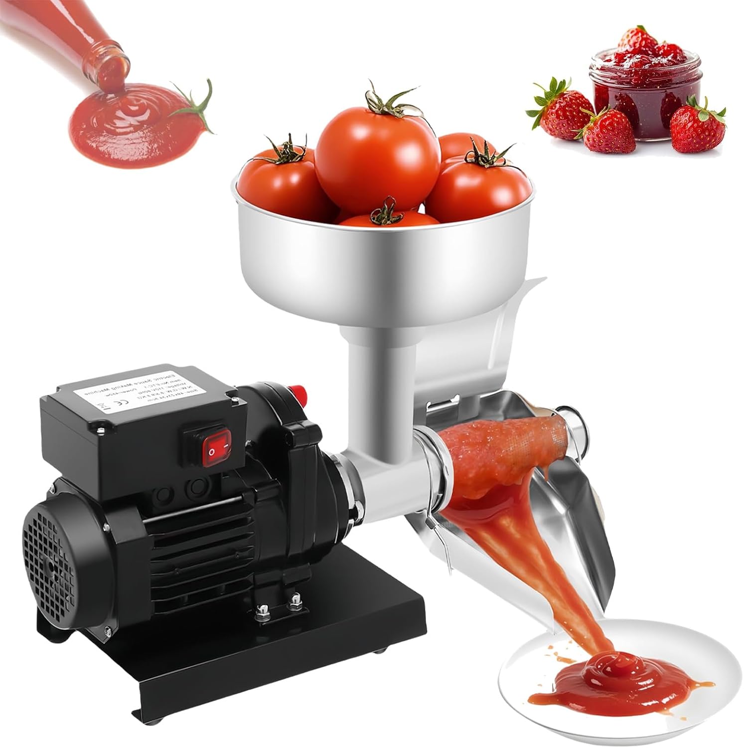 Commercial Electric Tomato Sauce Maker, Stainless Steel Strainer Machine with Large Funnel & Trough Brace, Ideal for Homemade Strawberry, Blueberry Sauces