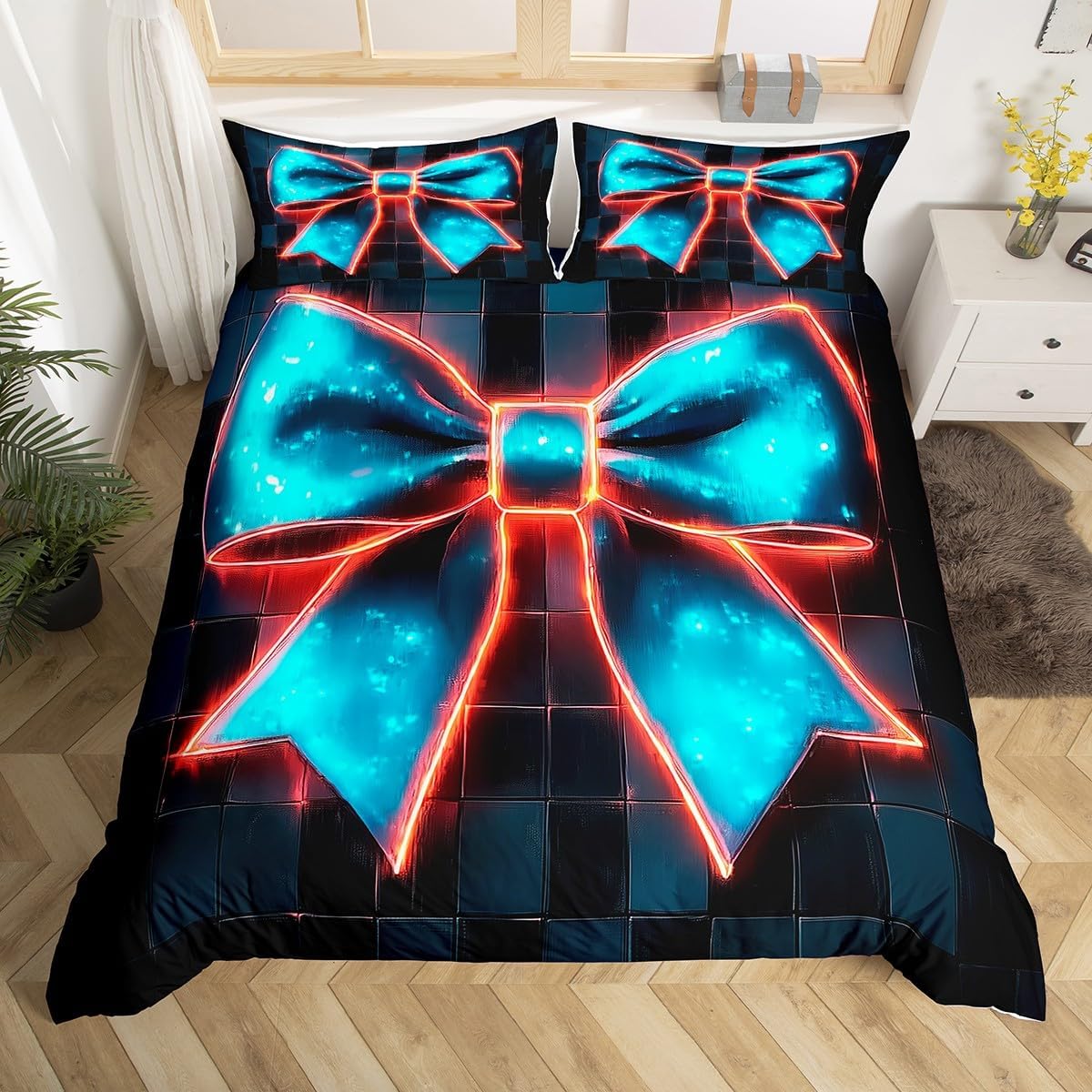 Manfei Bowknot Duvet Cover Set Toddler Size,Yellow Neon Light Bedding Set,Geometric Patchwork Quilt Cover for Kids,Comforter Cover(No Filler),2 Pcs