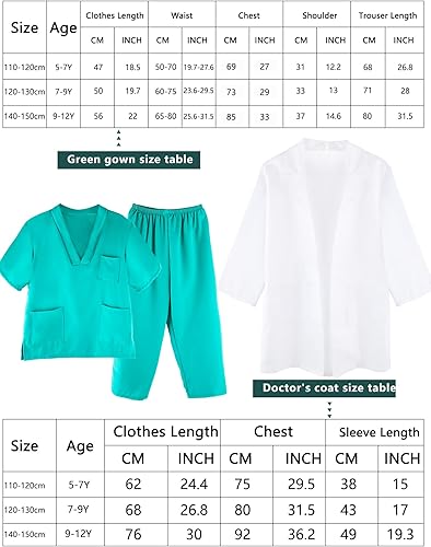 Miniatura 7 de Juego de 2 disfraces de médico para niños, uniforme de cirugía quirúrgica con estetoscopio, para Halloween, disfraz, cosplay