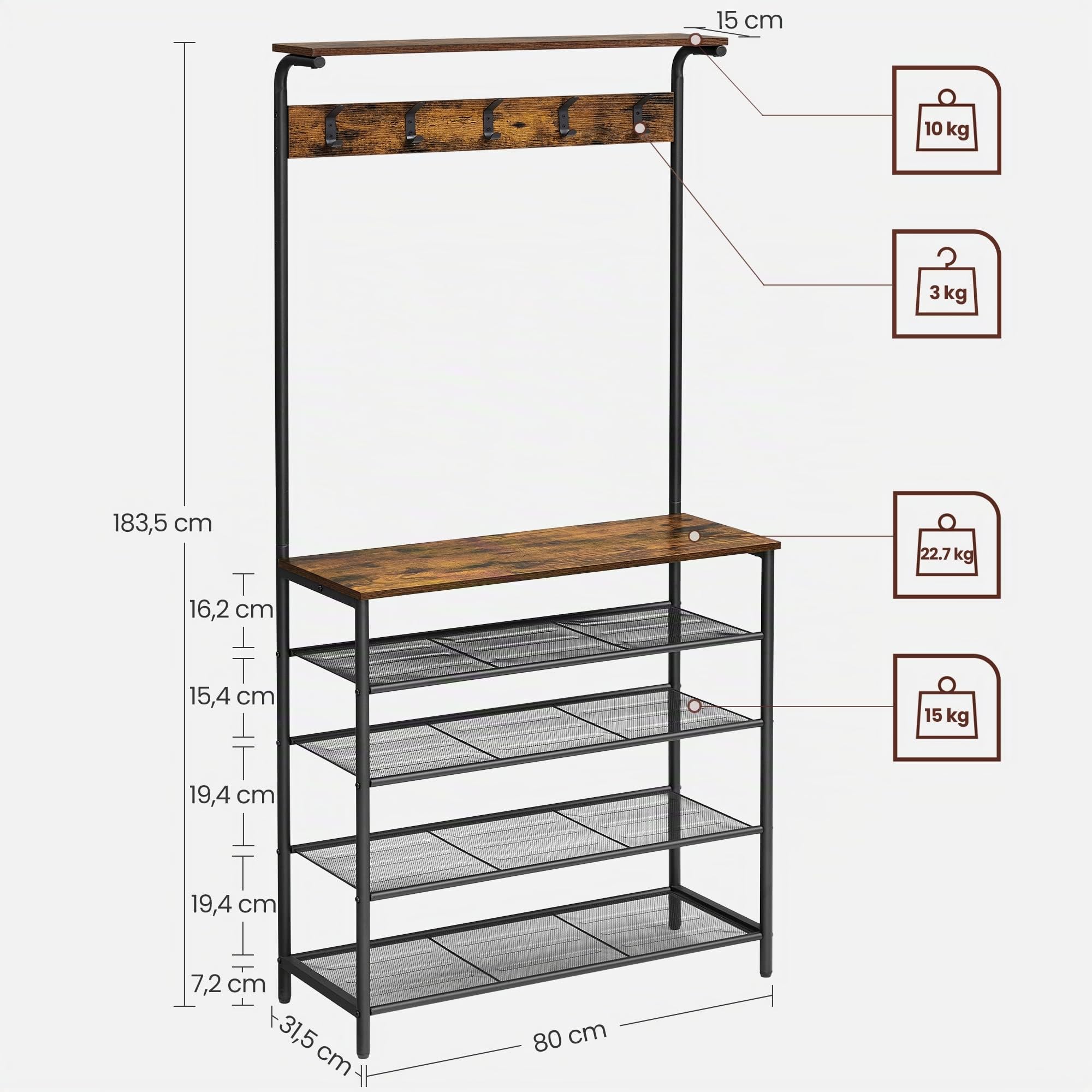 VASAGLE Garderobenständer, Kleiderständer, Schuhregal, Garderobe mit 5 Doppelhaken, 5 Ebenen, eine Ablage Oben, für Wohnungen, Schlafzimmer, Flur, Industrie-Design, vintagebraun-schwarz HSR408B01