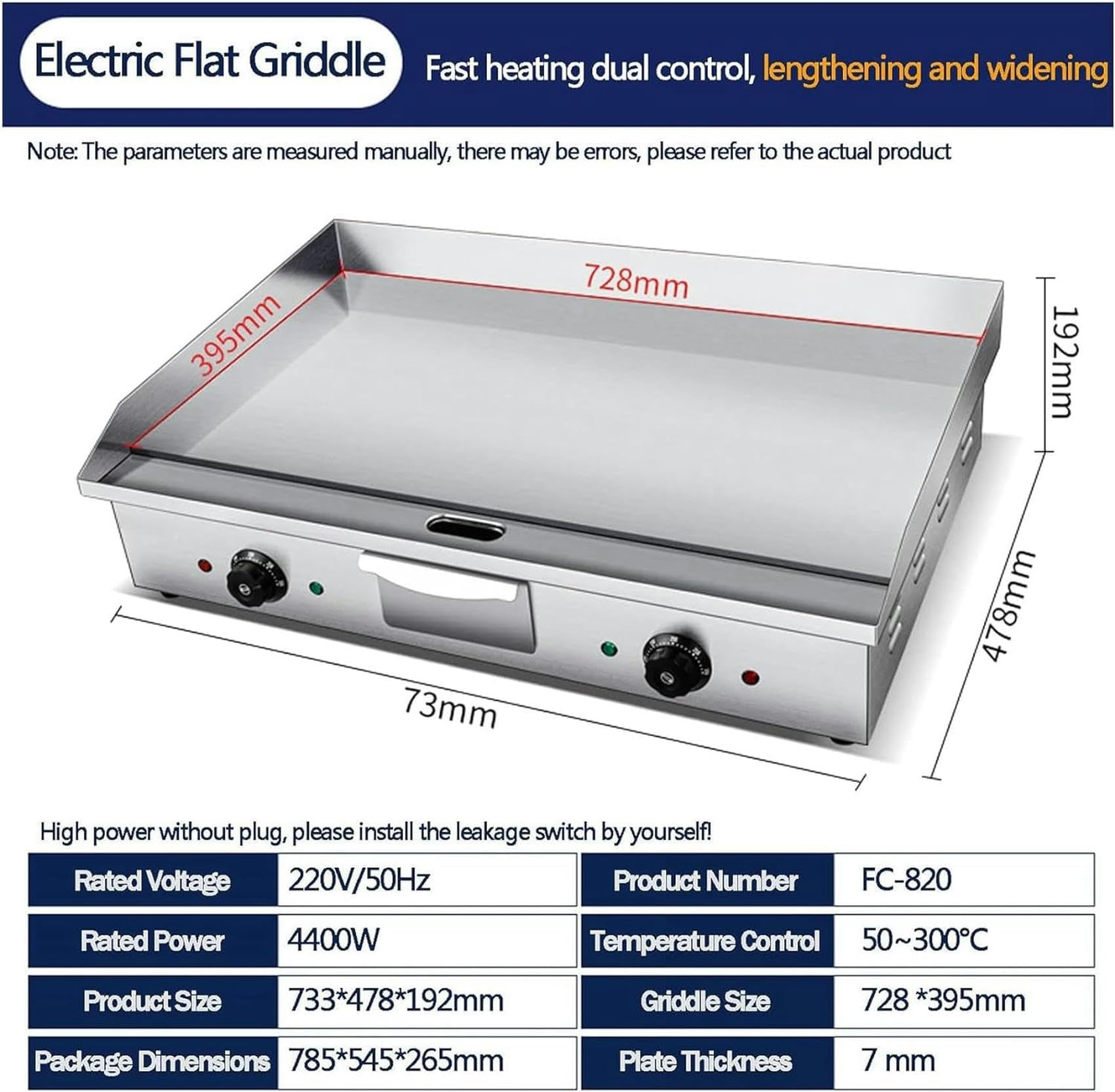 Piastra Elettrica in Acciaio Inox Antipasto Professionale Piastra di Cottura Elettrica Griglia con Vassoio Antispruzzo da 50 ℃ a 300 ℃ Piastra per la Raccolta del Grasso per la Casa e esterno-1pc