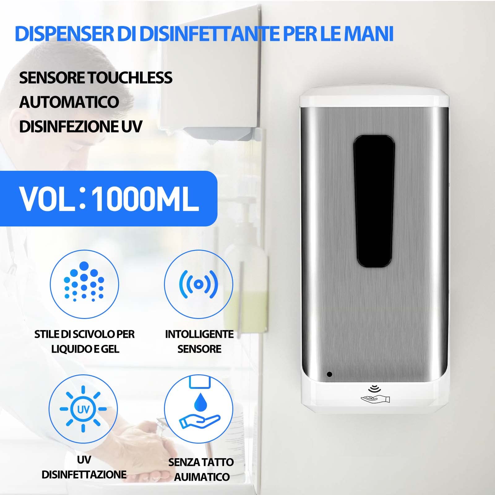 Dispenser di Sapone a Parete 1000ml, Commerciale a Dispensatore Manuale di Sapone automatico Gel Dispenser Pompa per Azienda, Scuola, Ospedale, Acciaio Inox