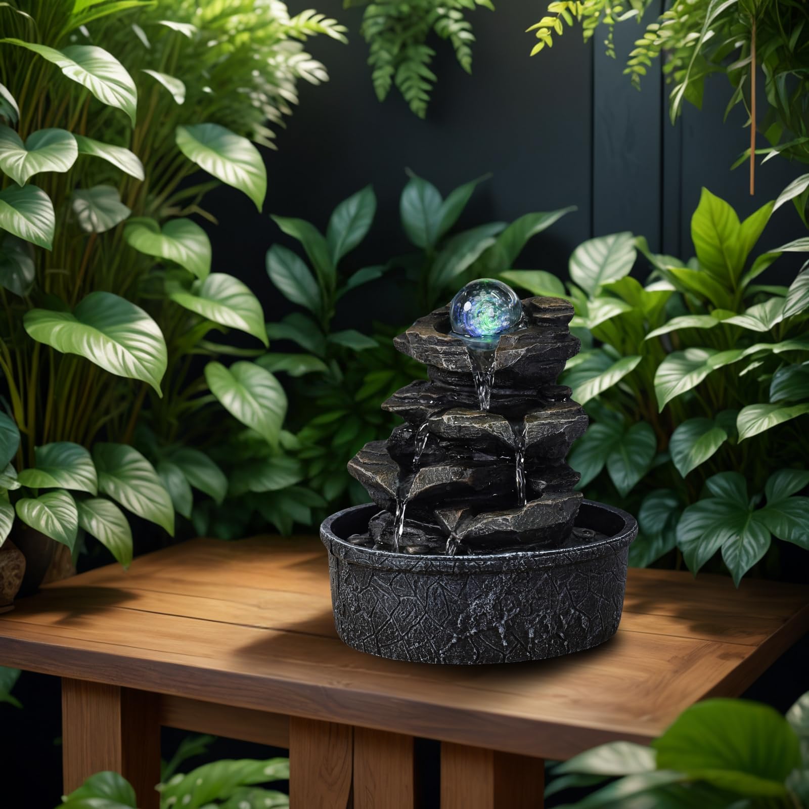 Zen'Light - Zimmerbrunnen Little Rock - Naturwasserfall mit Steineffekt und farbigem LED-Licht - Zen Tischdekoration Ideal für Meditation und Entspannung - Feng-Shui-Objekt Glück - H 23cm