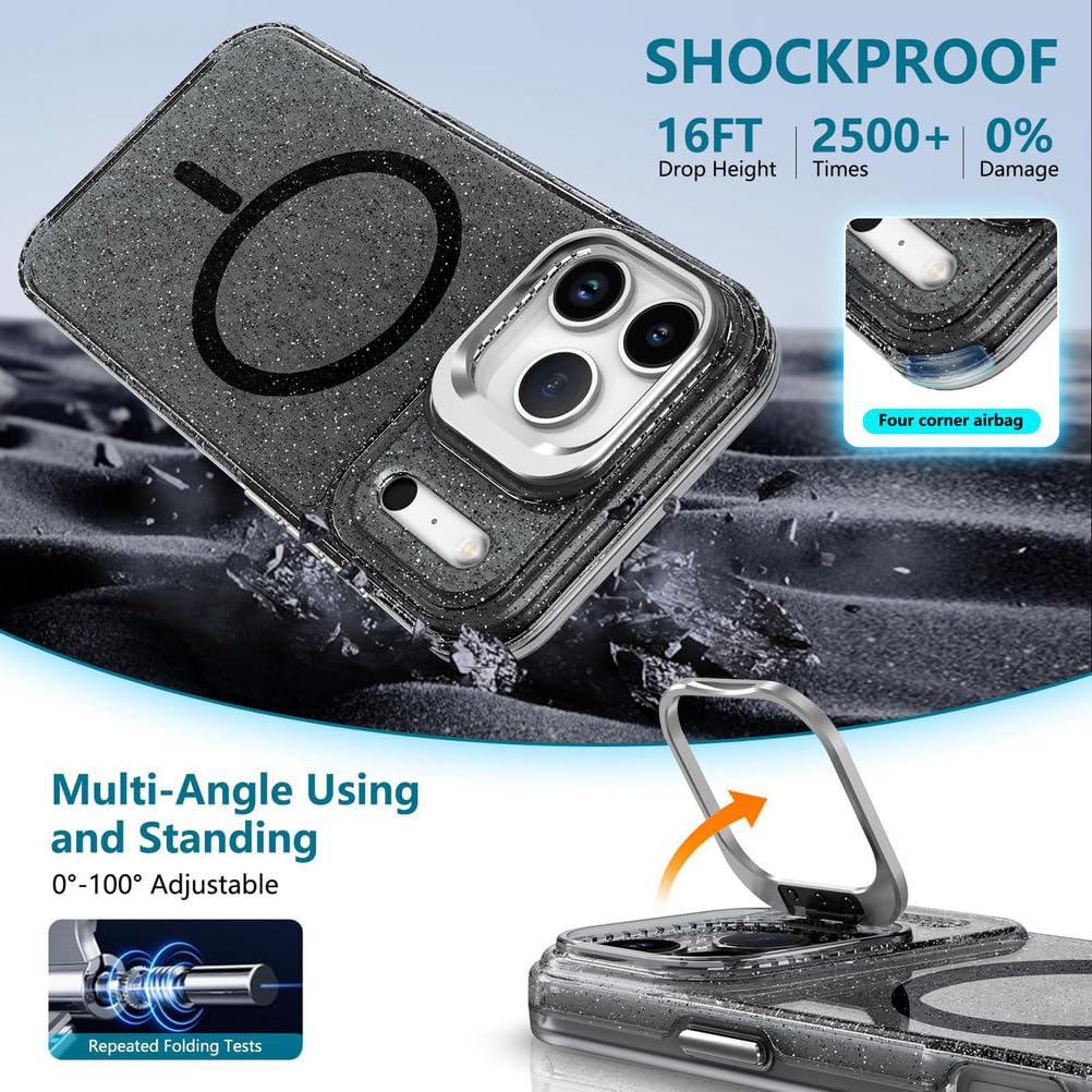 Magnetyczne etui do iPhone 17 Pro Max / 17 Pro / 17 Air/17, matowe etui na telefon komórkowy z klapką stojaka, brokatowe, stylowe, smukłe etui, czarne, 17 Pro