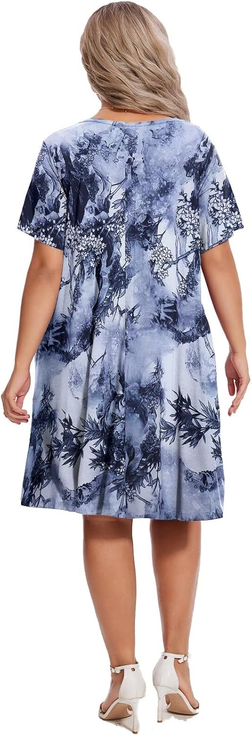OVERWORETY Womens Short Sleeve Plus Size T-Shirt Dress Scoop Neck Button Up Swing A-Line Casual Dresses with Pocket - Image 5
