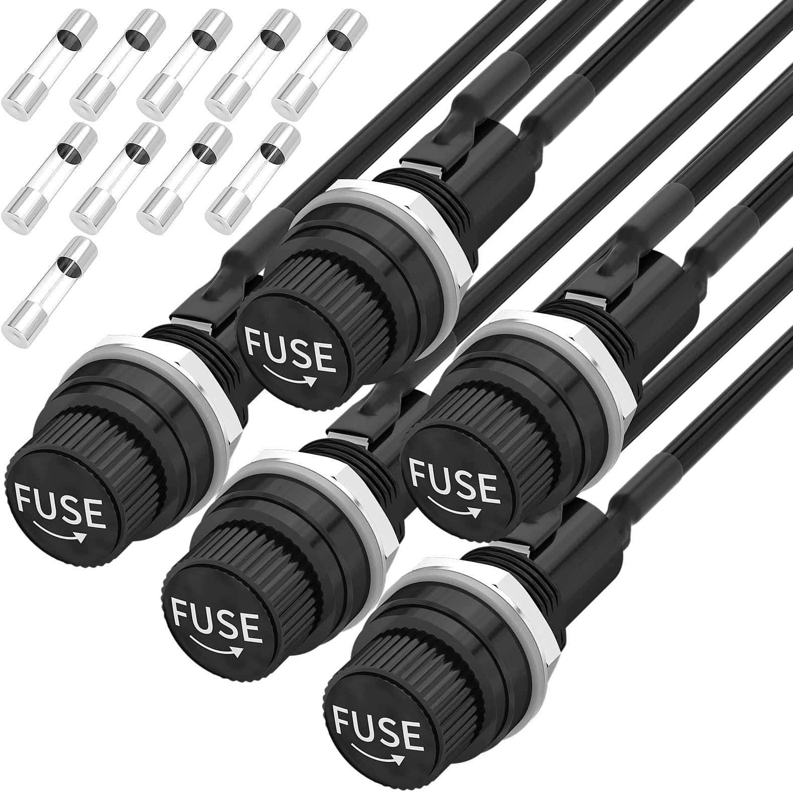 Joinfworld Panel Mount Fuse Holder 5x20mm 12V DC 250V AC Screw Cap Fuse Holders with Pre-Soldered Wires and Fast-Blow Glass Tube Fuses - 5Pack