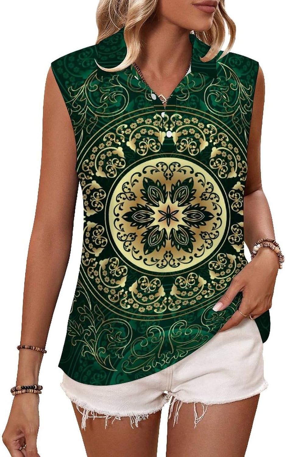 Vintage Mandala Floral Circle Culture Swirls Women's Golf Shirt Sleeveless Polo Shirts Tank Tops