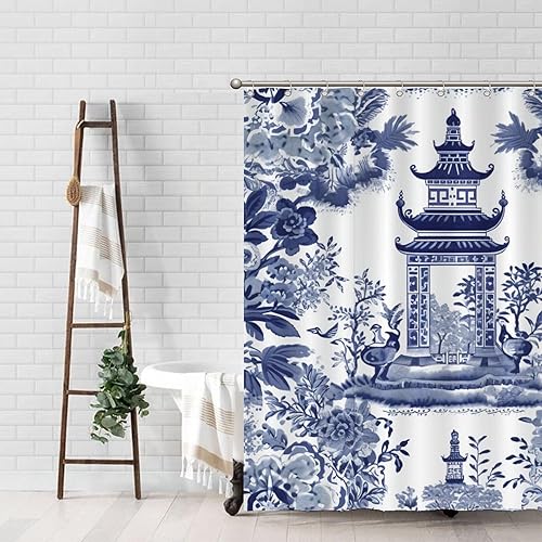 Miniatura 153 de Cortinas de ducha de baño con ganchos, 72 x 92 pulgadas, cortina de ducha de tela impermeable con diseño de flores y pájaros, cortina de ducha